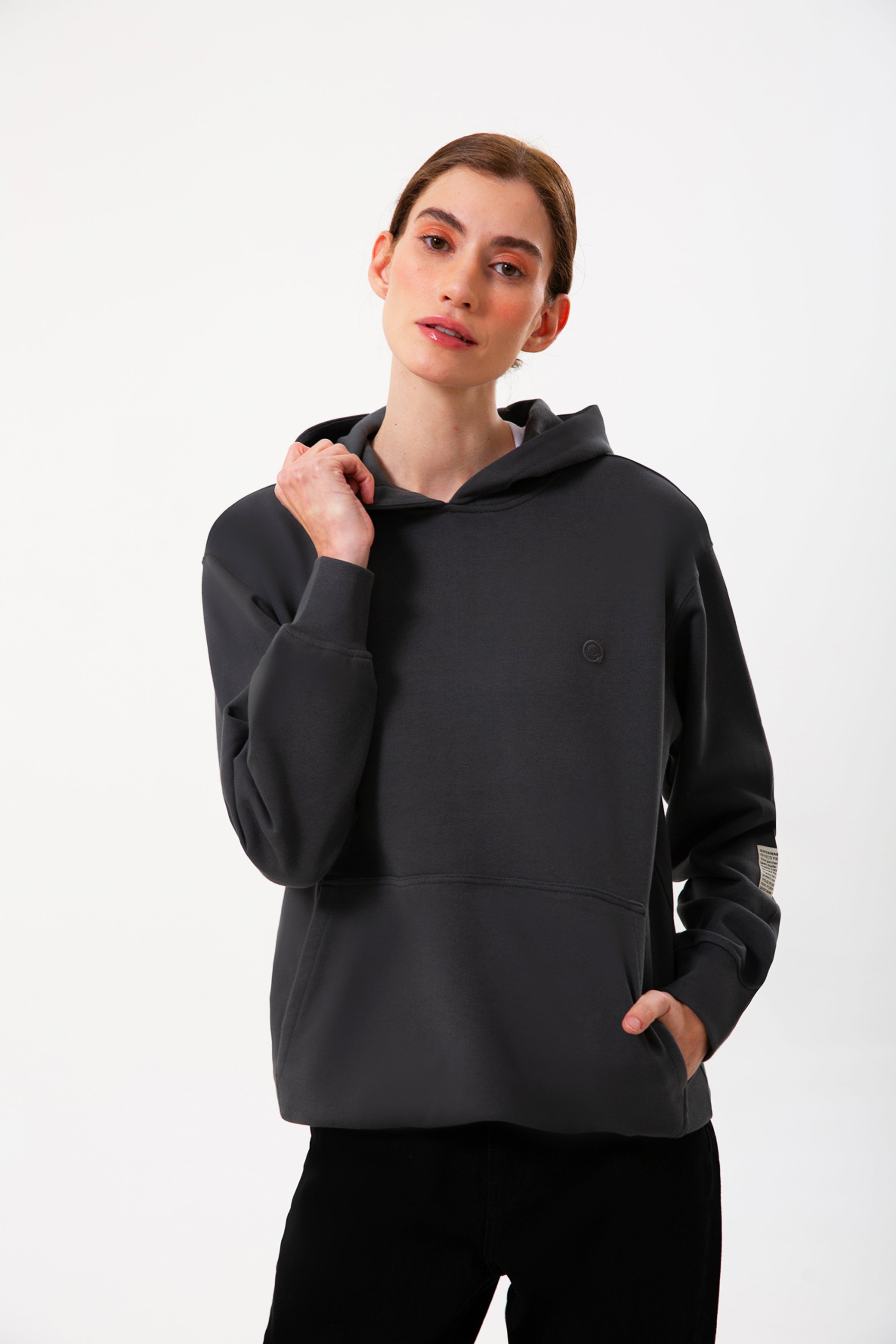 Antrasit  pamuklu kadın kapüşonlu hoodie #Renk_Antrasit