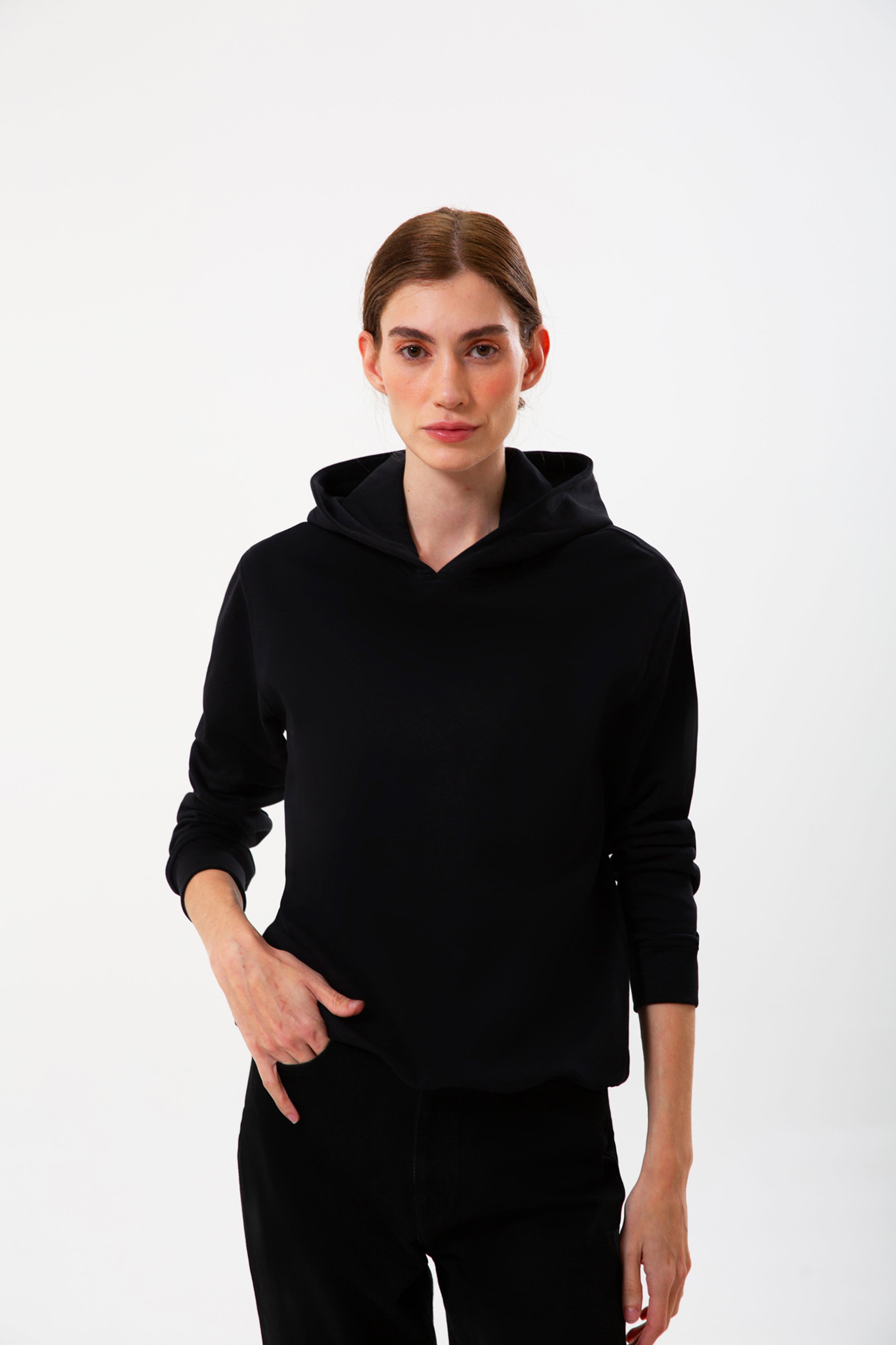 Siyah pamuklu kadın kapüşonlu hoodie #Renk_Siyah