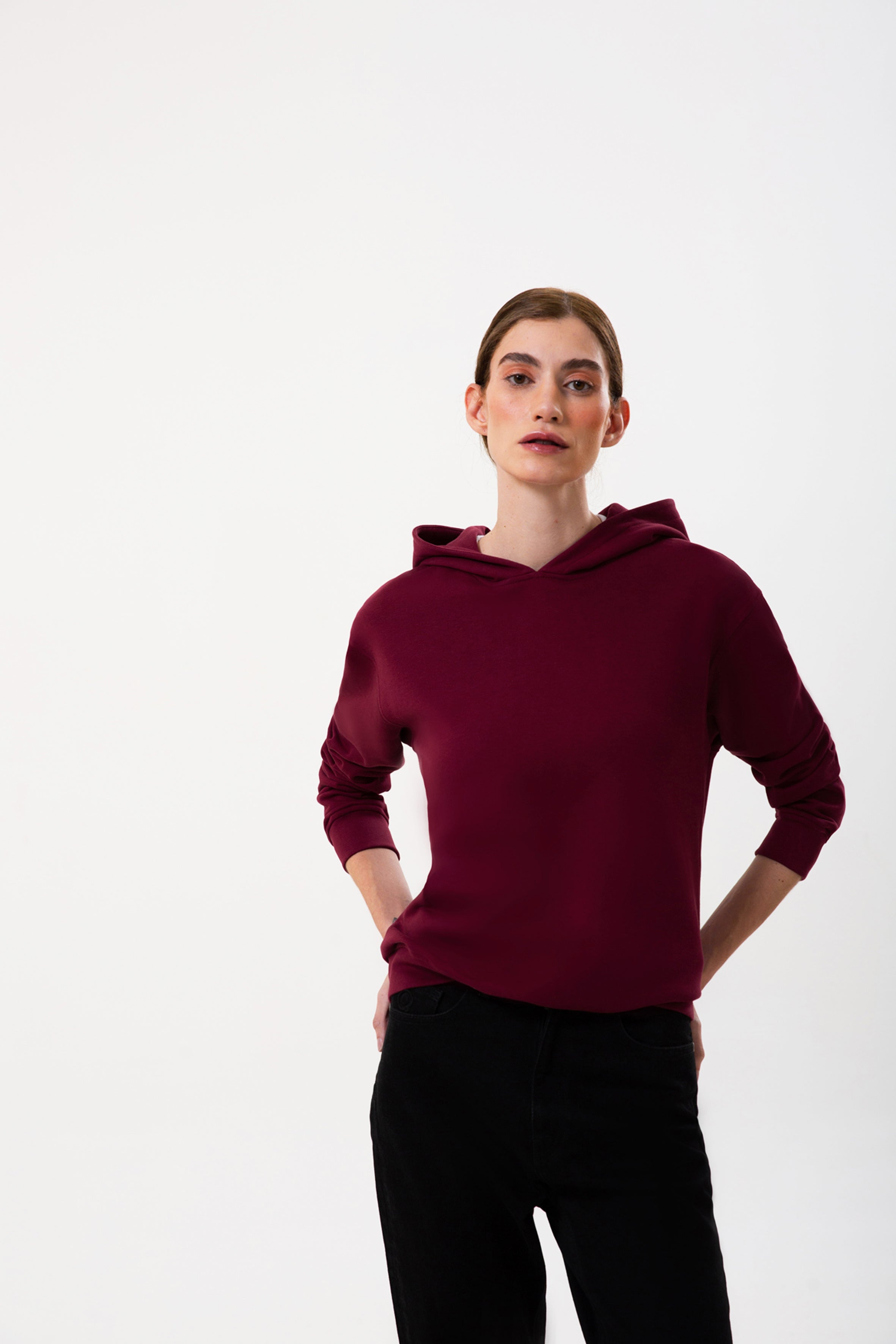 Bordo pamuklu kadın kapüşonlu hoodie #Renk_Bordo
