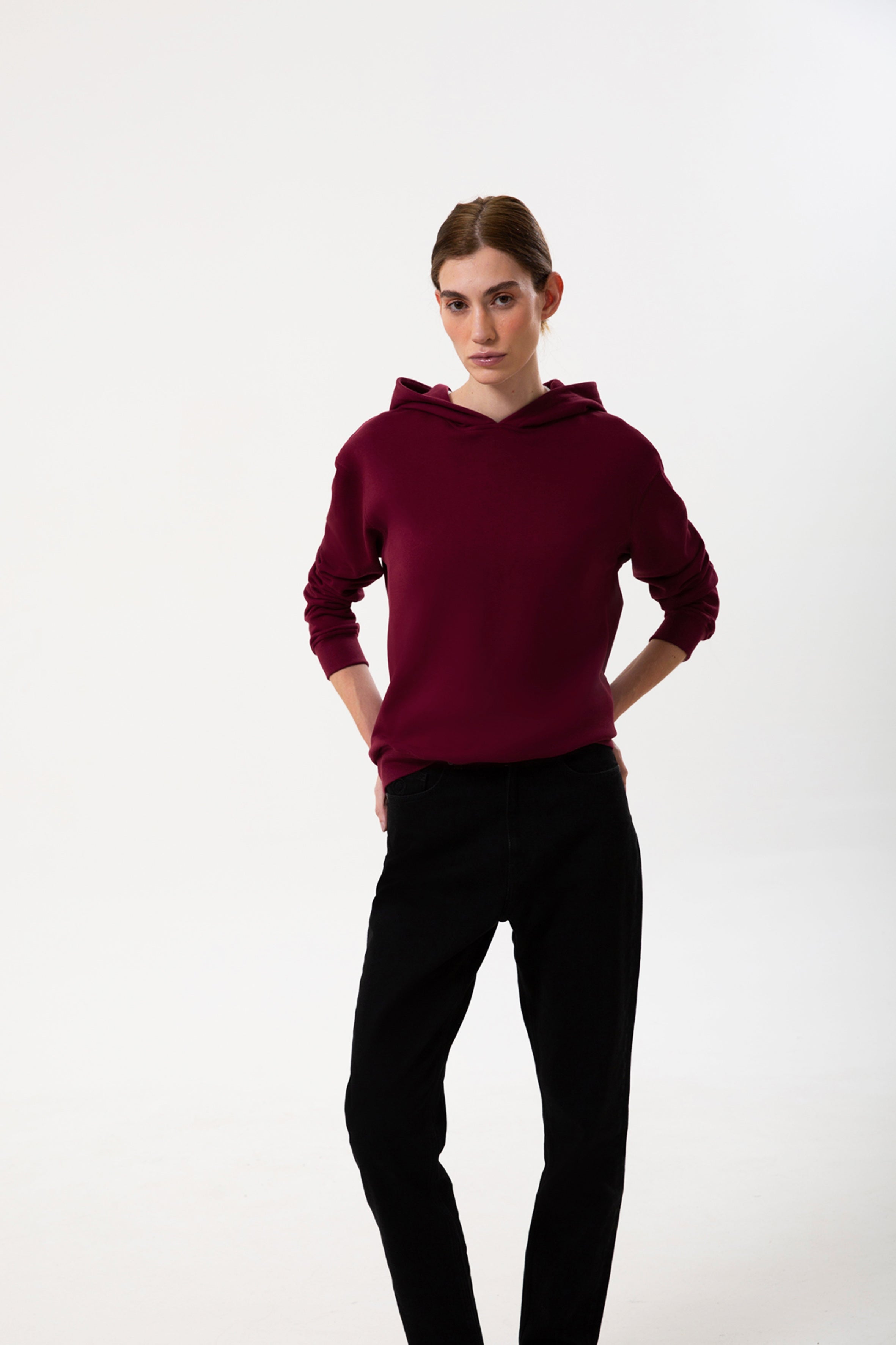 Bordo pamuklu kadın kapüşonlu hoodie #Renk_Bordo