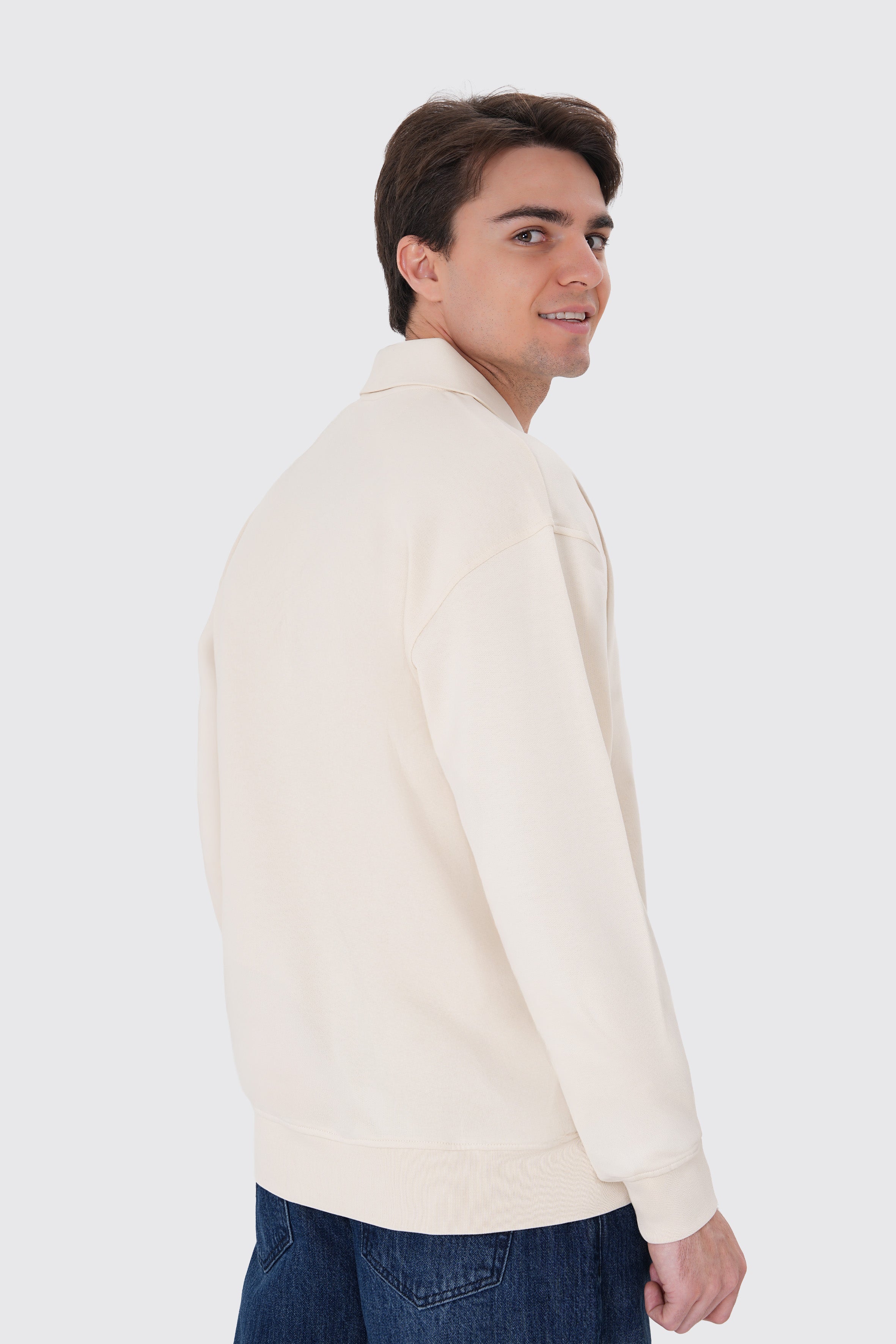 Krem %100 organik pamuklu erkek polo yaka sweatshirt #Renk_Krem