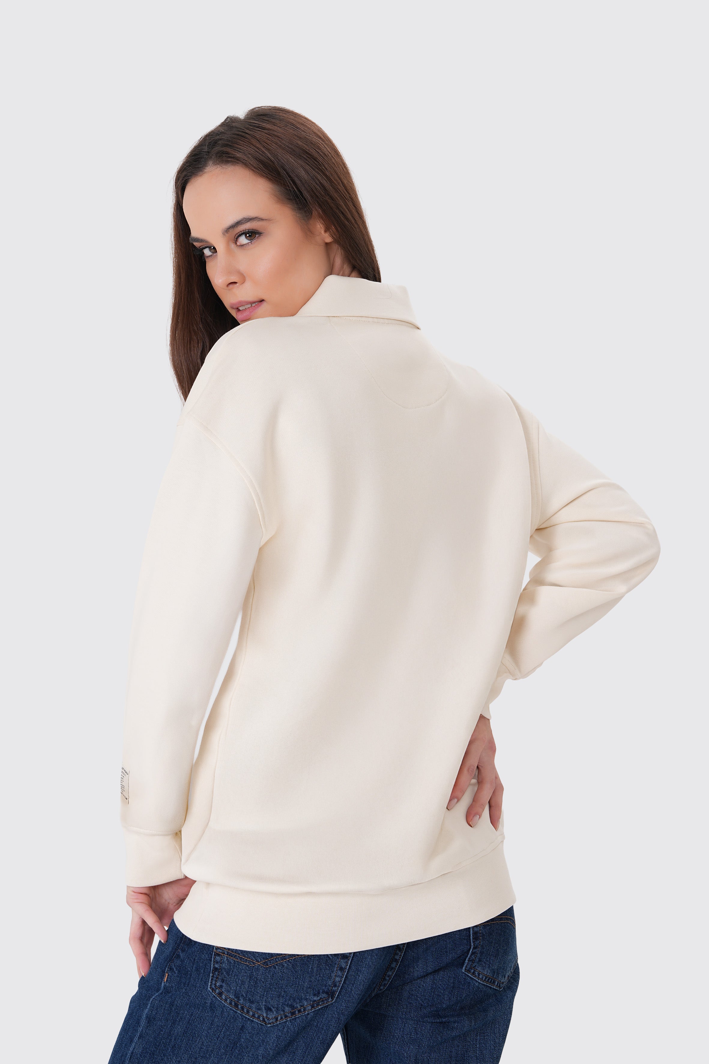 Krem pamuklu kadın polo yaka sweatshirt #Renk_Krem