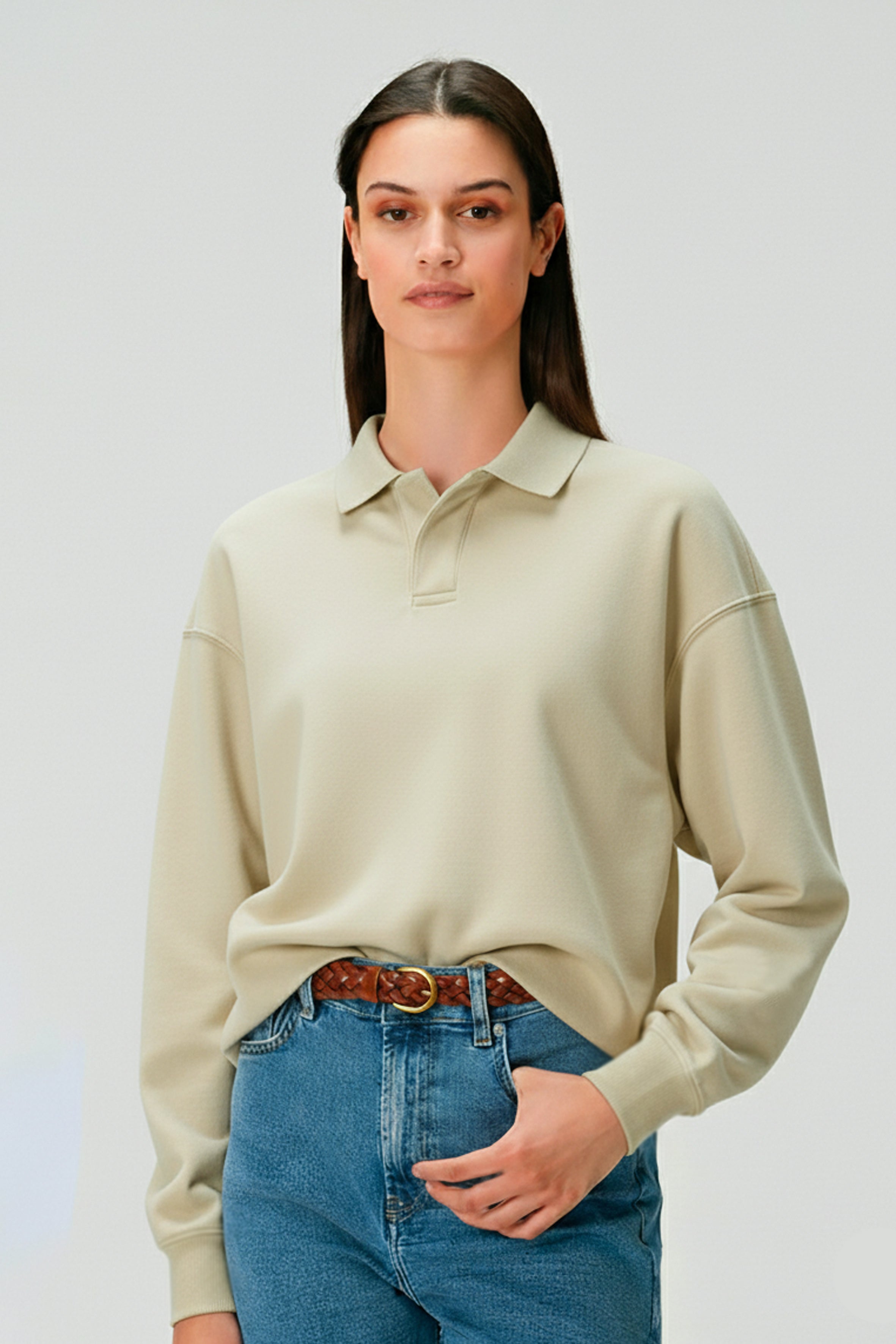 Polo Yaka Organik Pamuklu Kadın Bej Sweatshirt