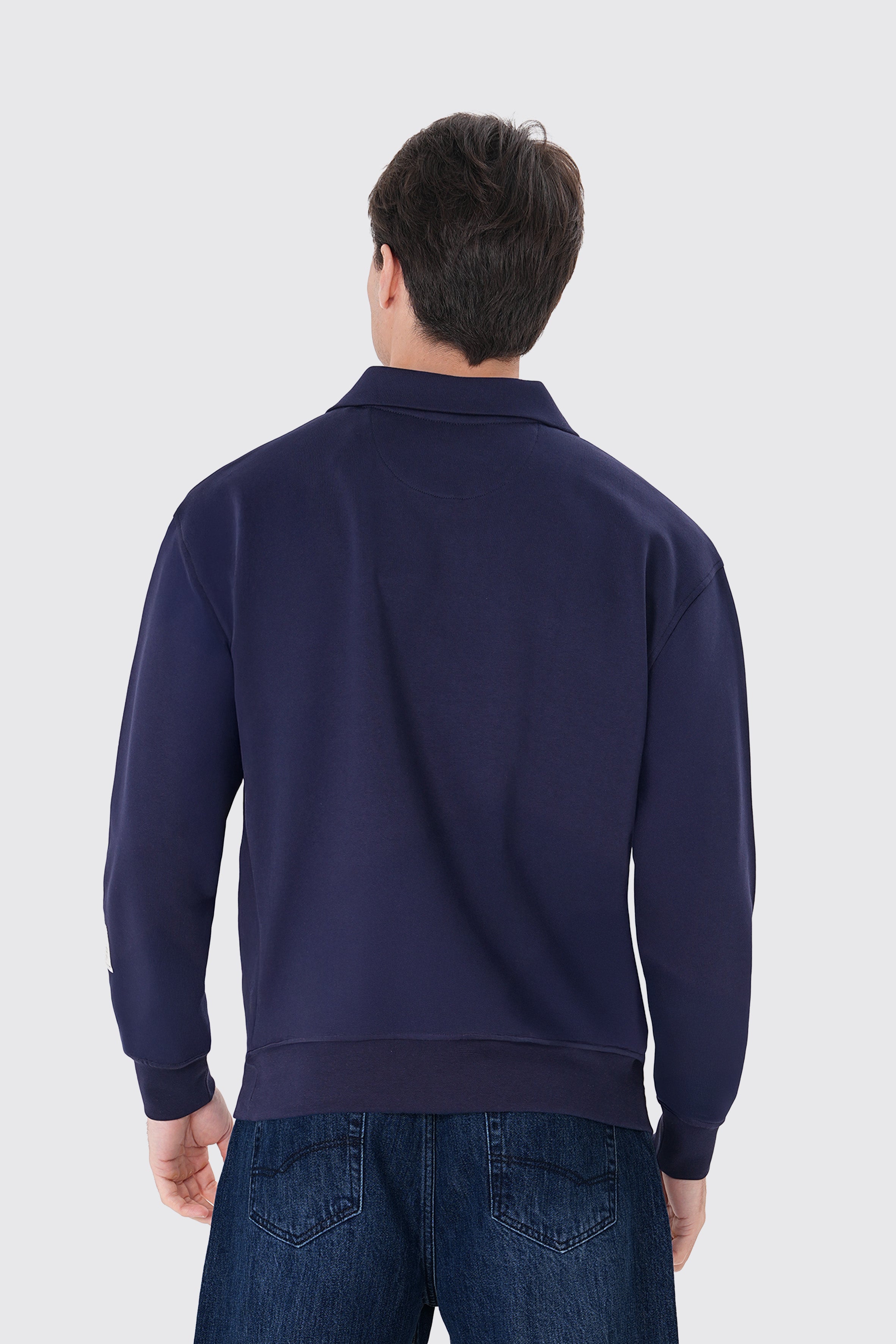 Lacivert pamuklu erkek polo yaka sweatshirt #Renk_Lacivert