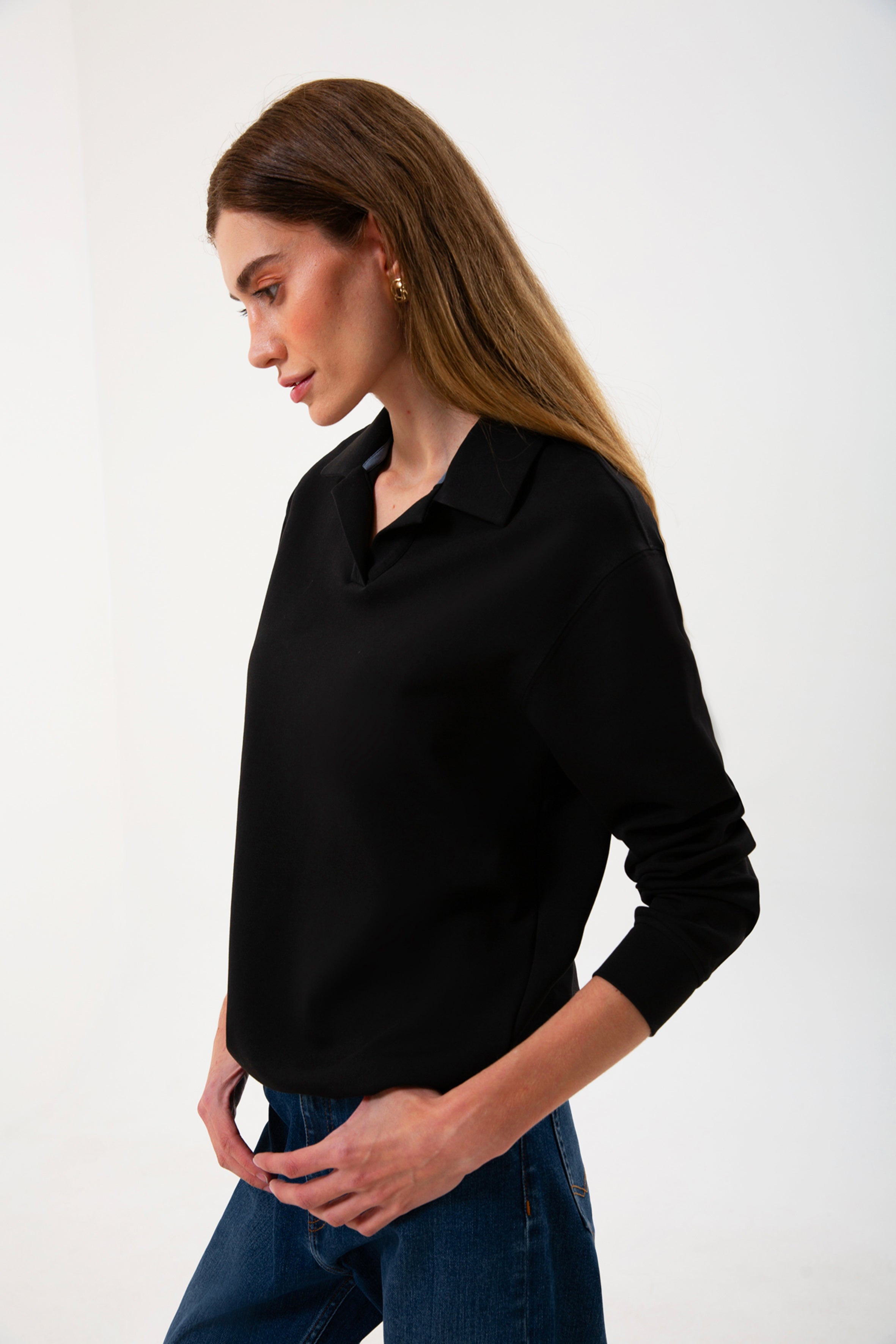 %100 organik pamuk kadın siyah renk polo yaka sweatshirt #Renk_Siyah