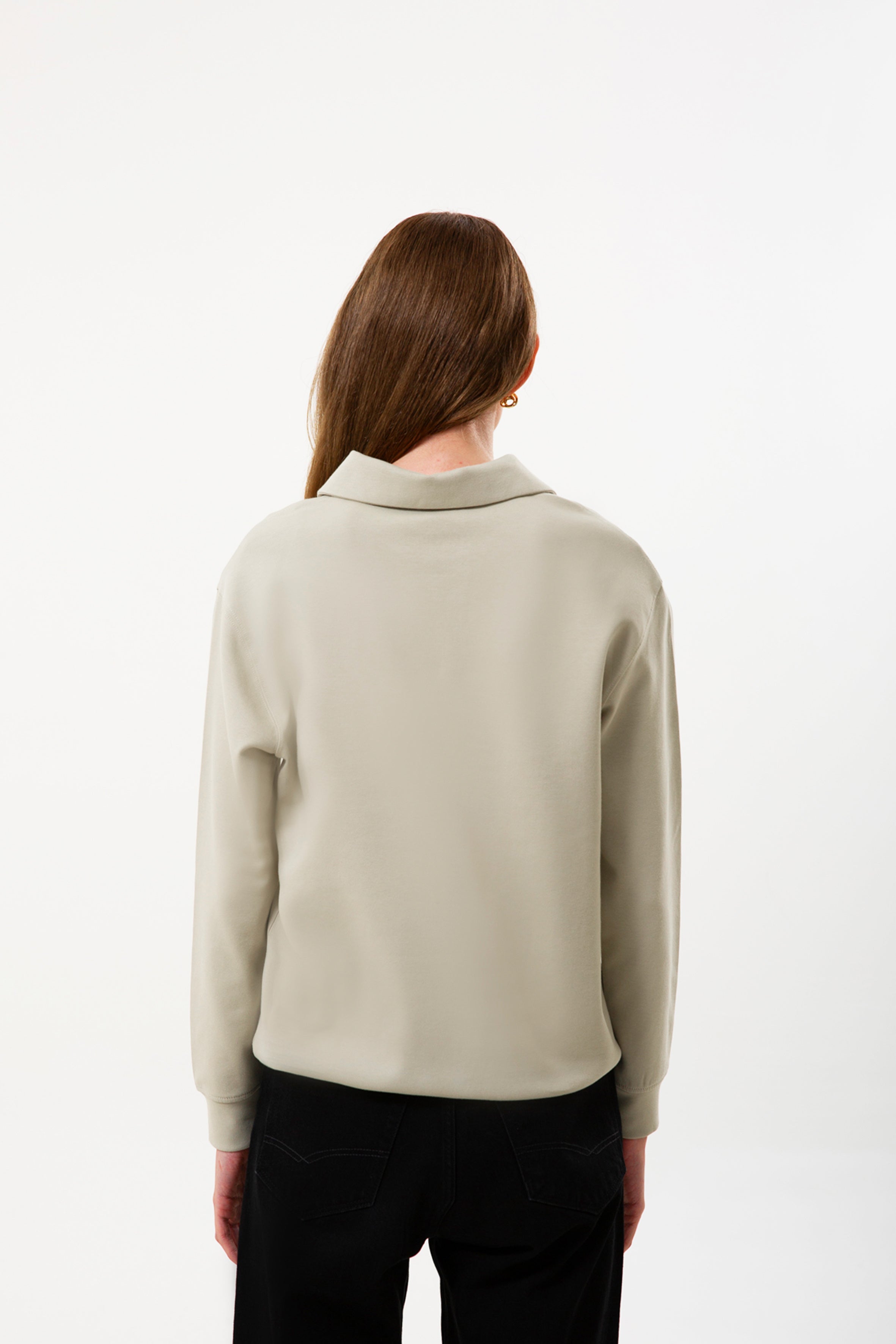 Polo Yaka Organik Pamuklu Kadın Bej Sweatshirt