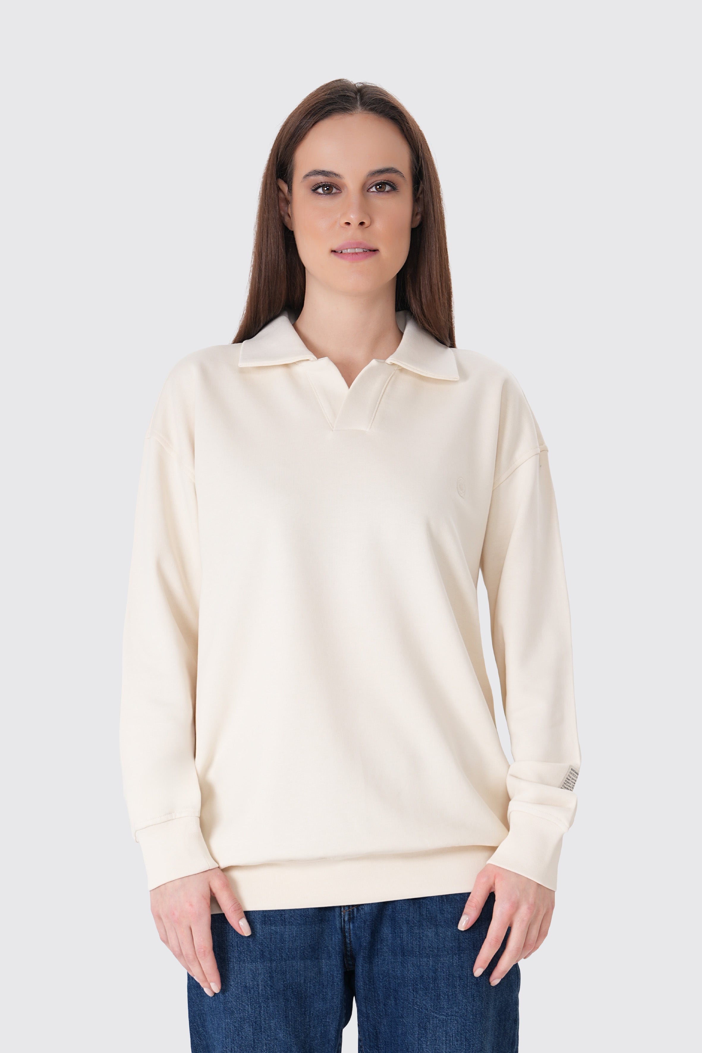 Krem pamuklu kadın polo yaka sweatshirt #Renk_Krem