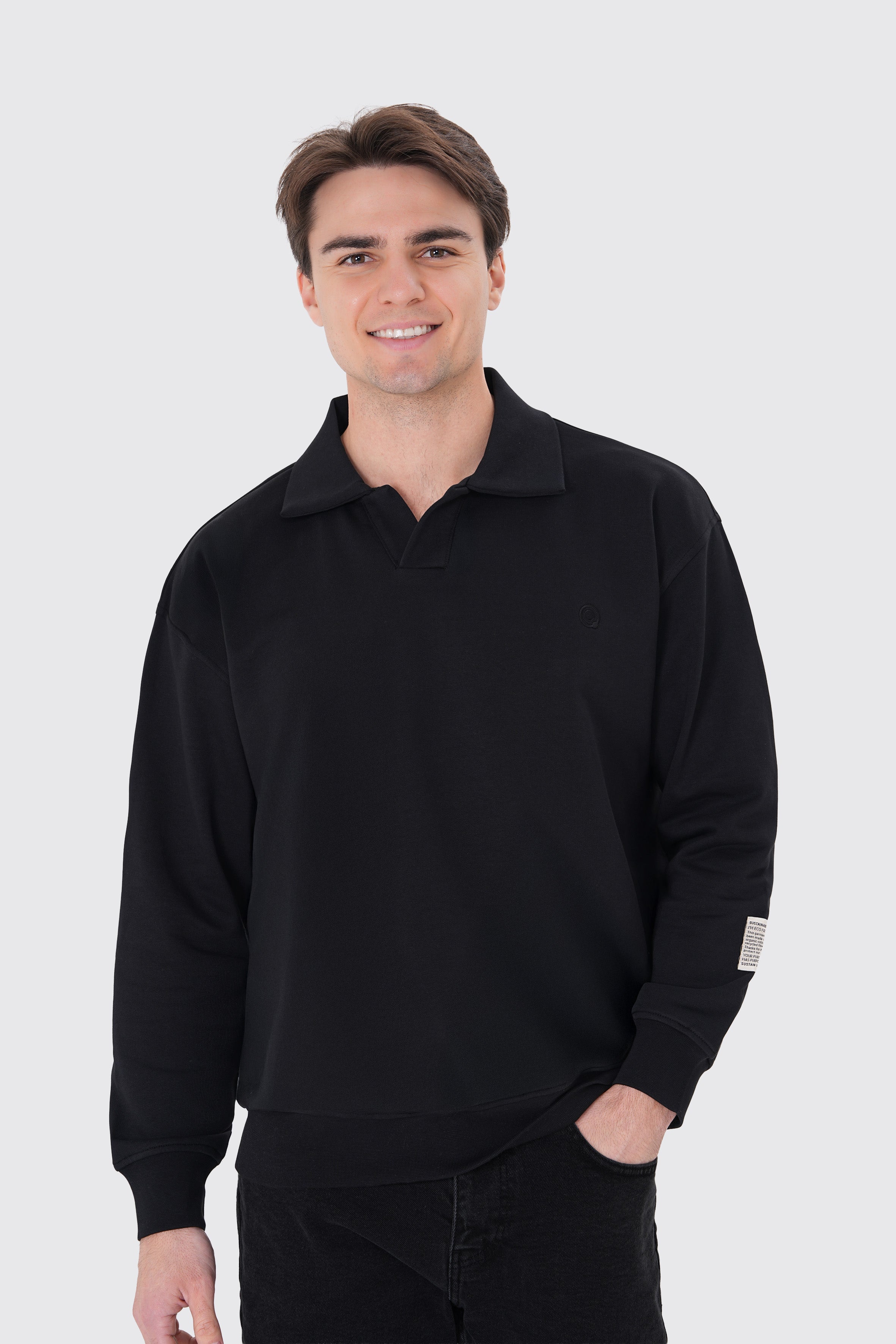 Siyah pamuklu erkek polo yaka sweatshirt #Renk_Siyah