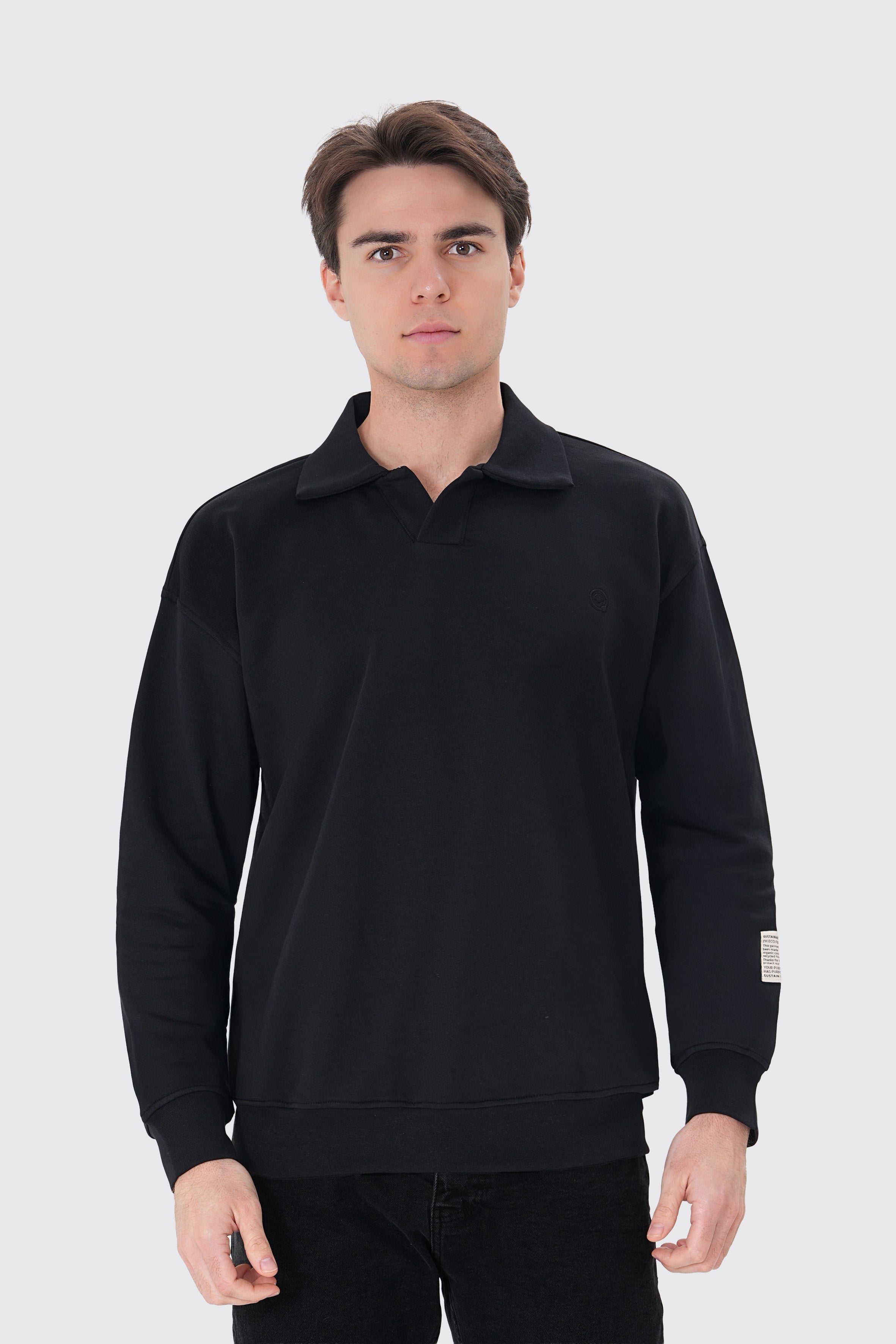 Siyah pamuklu erkek polo yaka sweatshirt #Renk_Siyah