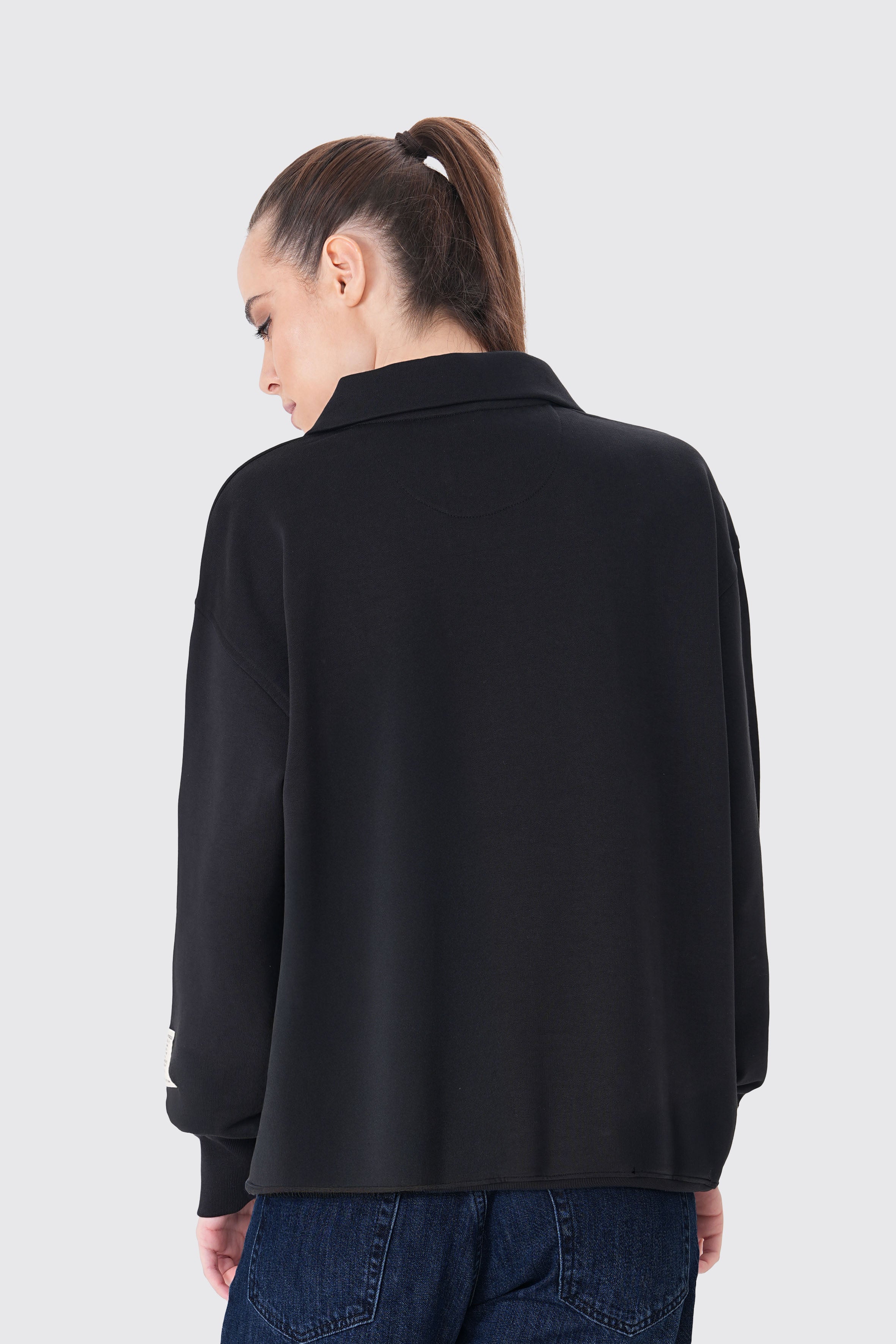 Siyah pamuklu kadın polo yaka sweatshirt #Renk_Siyah