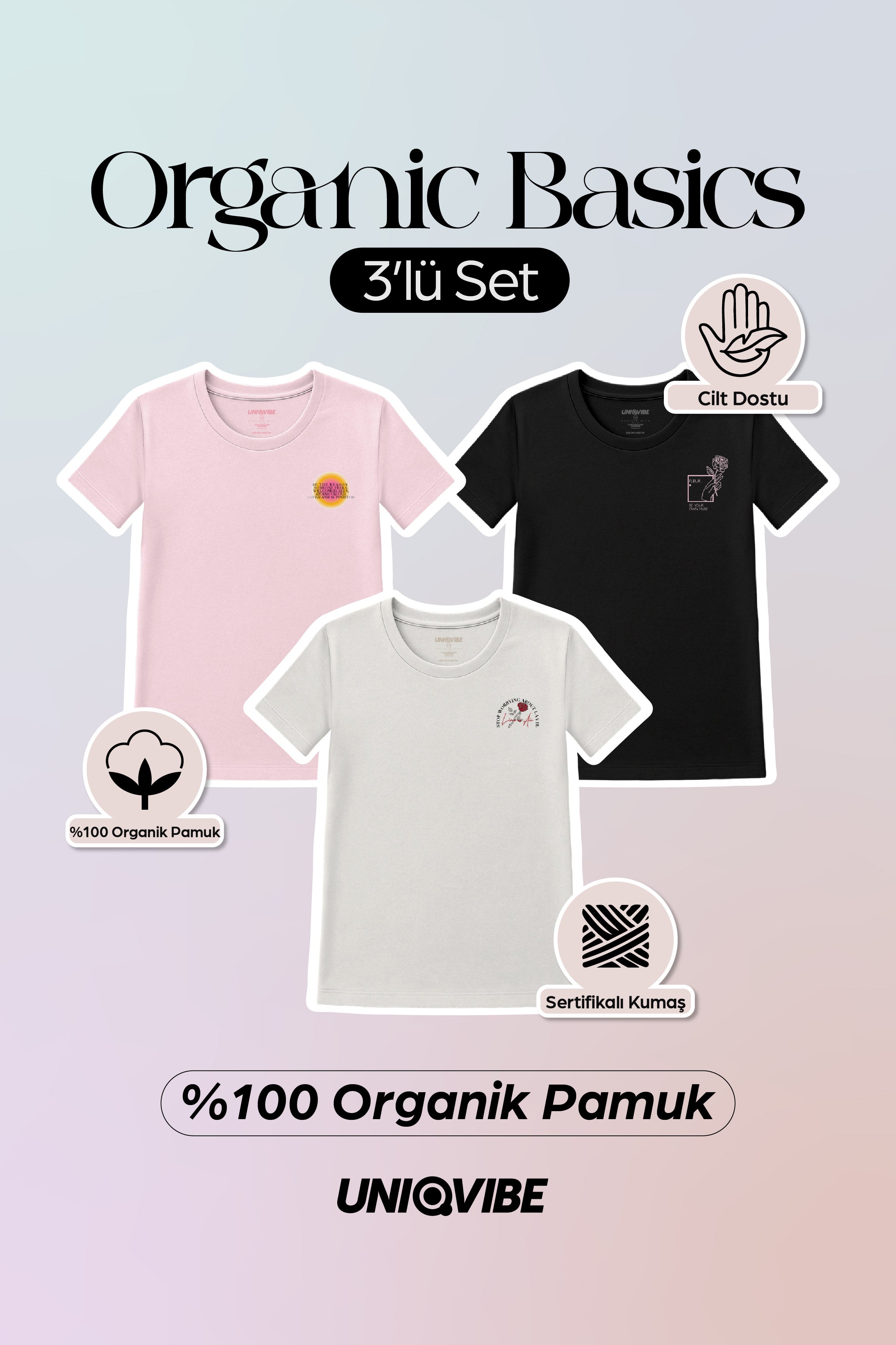 Kadın Baskılı 3'lü Tişört Set; Siyah, Beyaz, Pembe