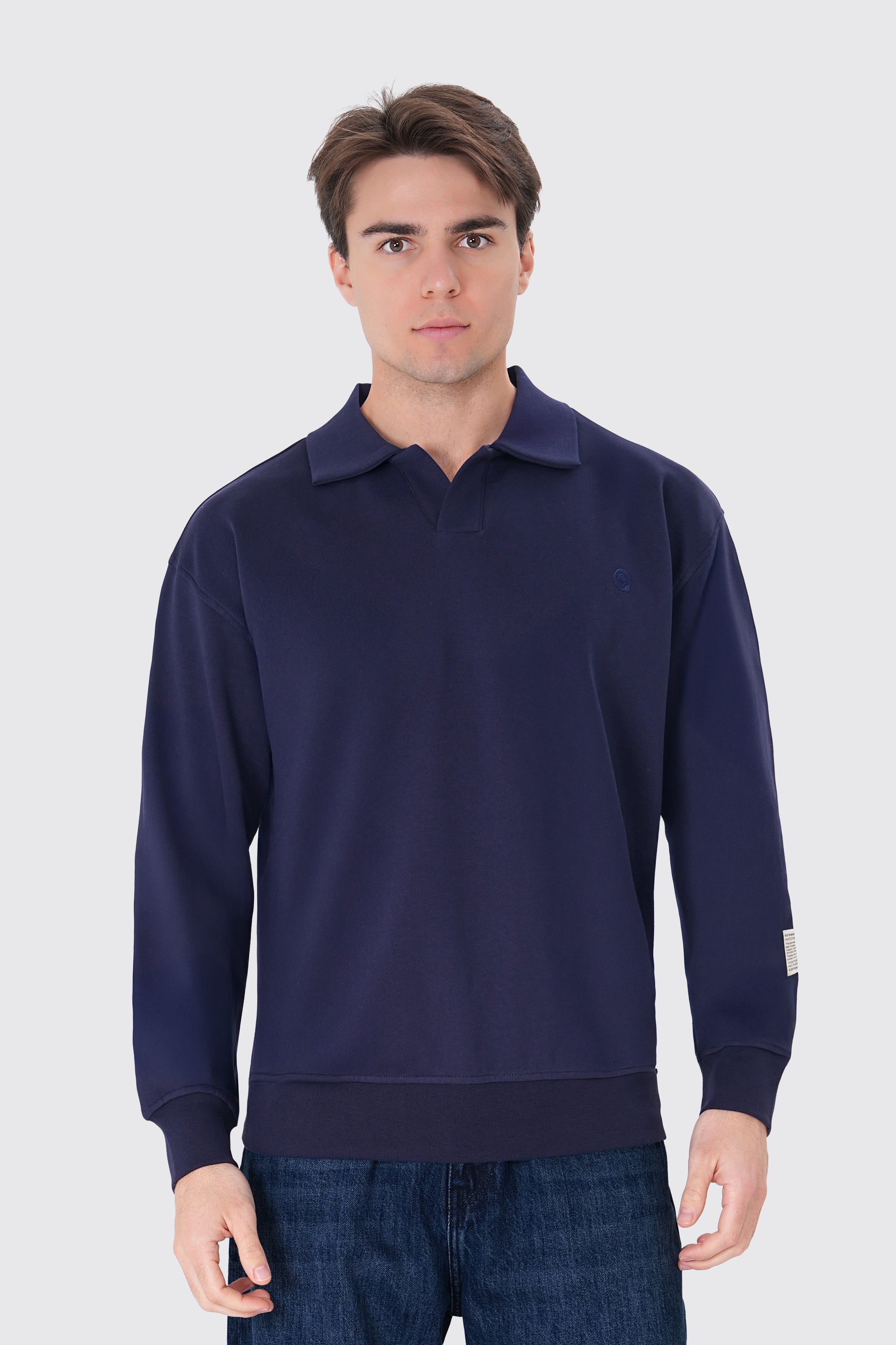 Lacivert pamuklu erkek polo yaka sweatshirt #Renk_Lacivert