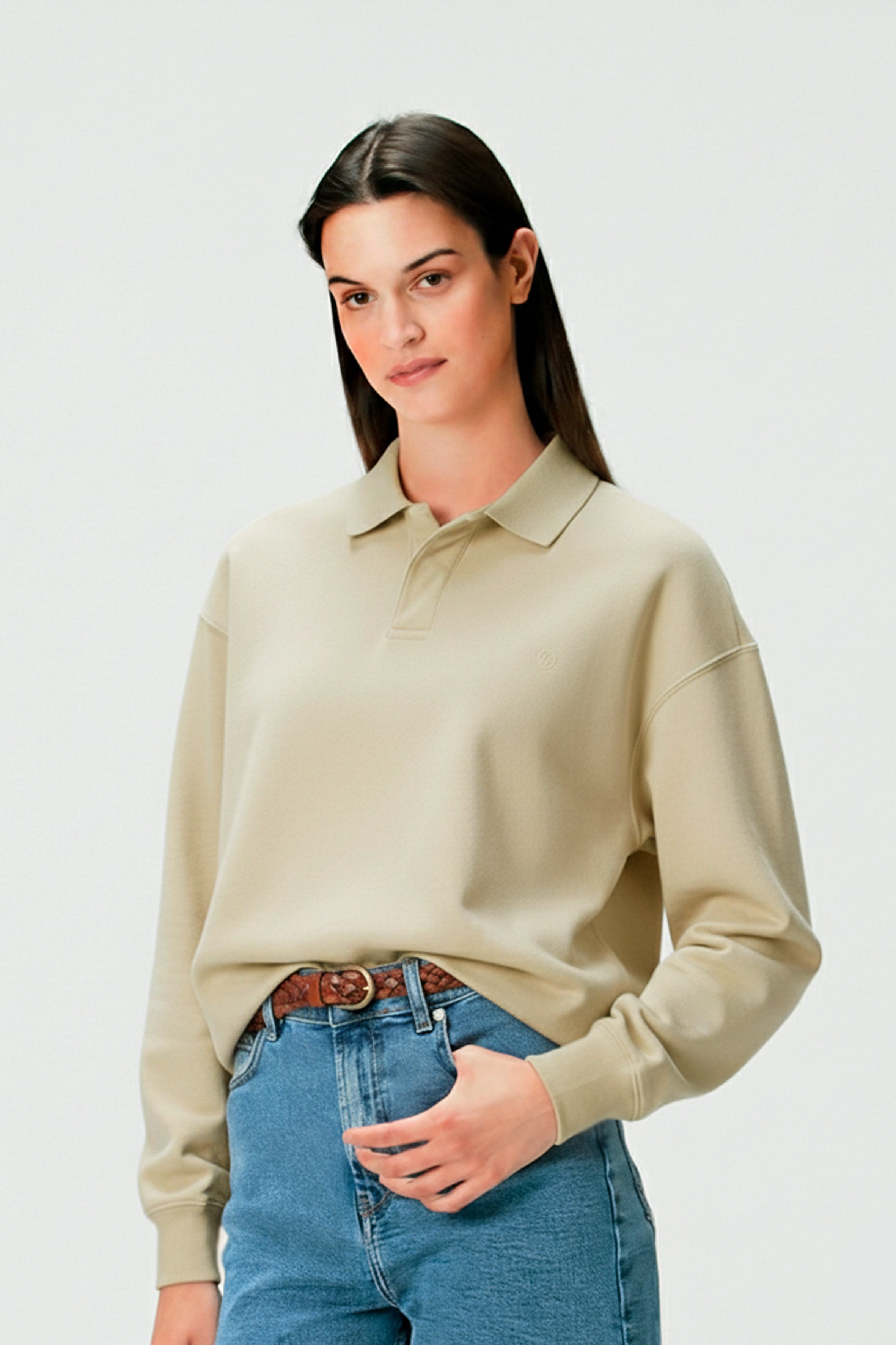 Polo Yaka Organik Pamuklu Kadın Bej Sweatshirt