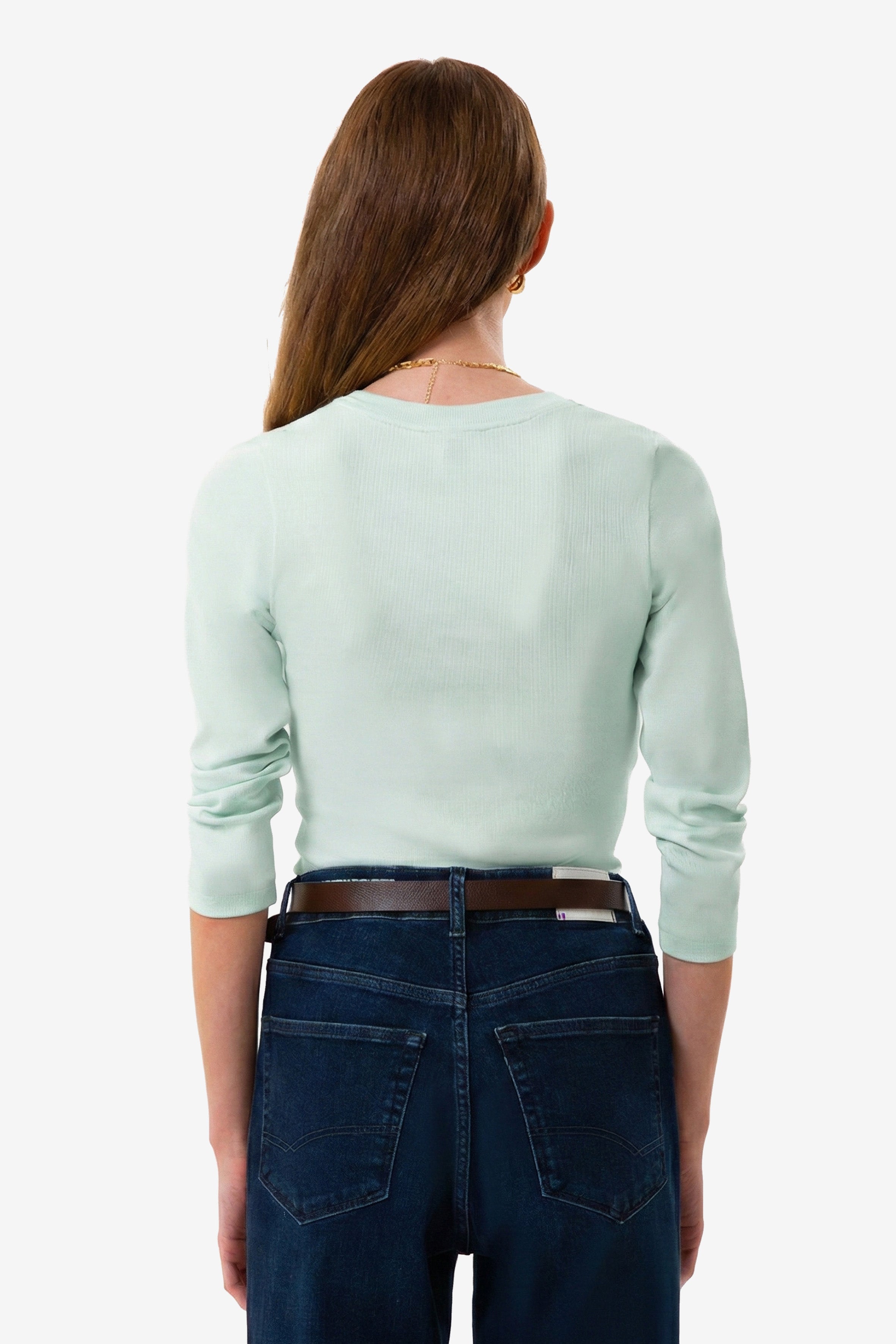 Organik Pamuklu Su Yeşili Fitilli Kadın Uzun Kollu V Yaka Bluz