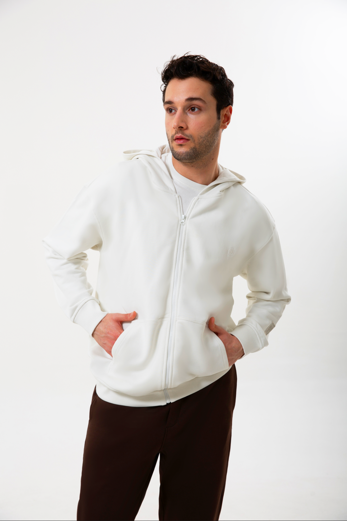 Taş organik pamuklu erkek fermuarlı sweatshirt #Renk_Taş