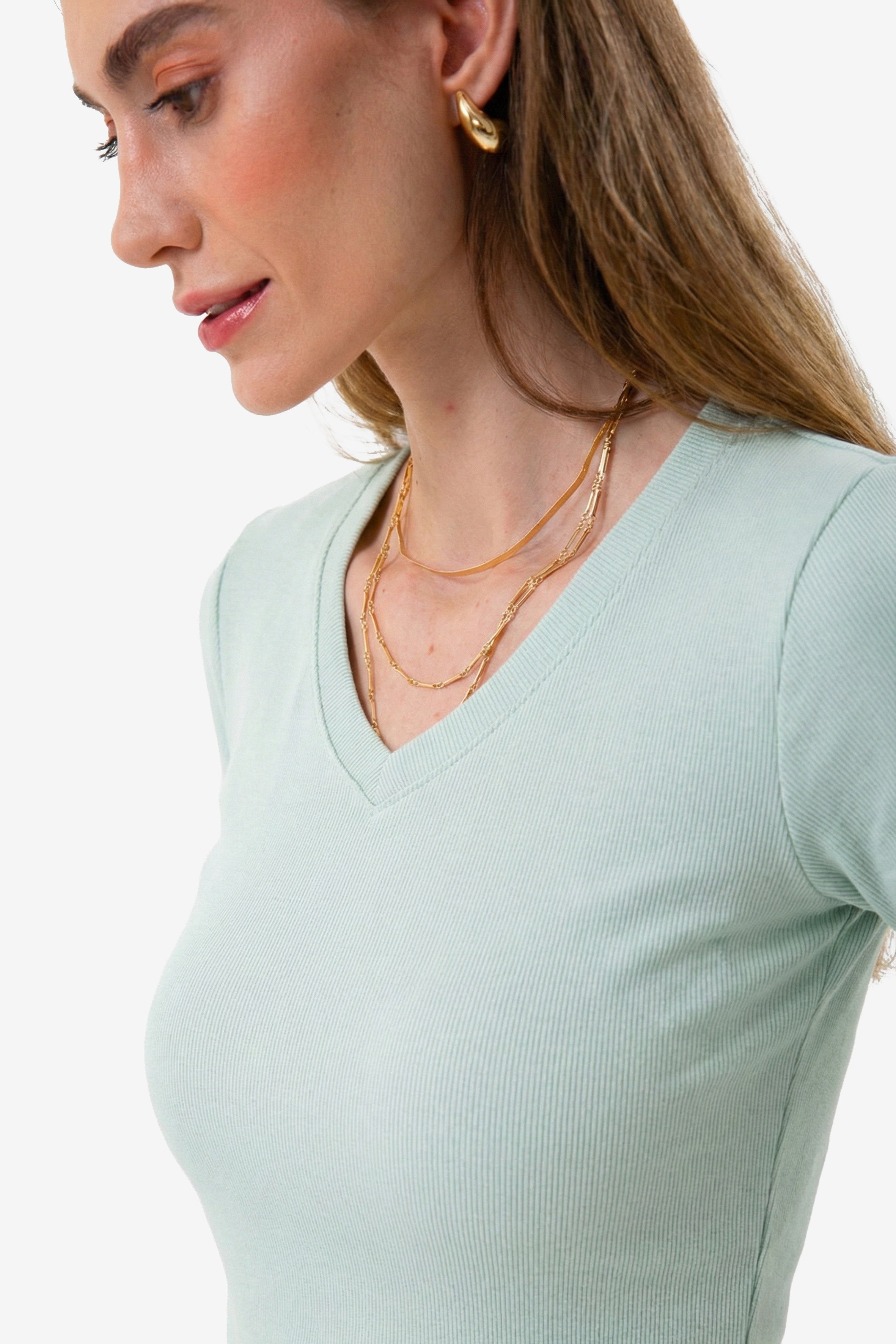 Organik Pamuklu Su Yeşili Fitilli Kadın Uzun Kollu V Yaka Bluz