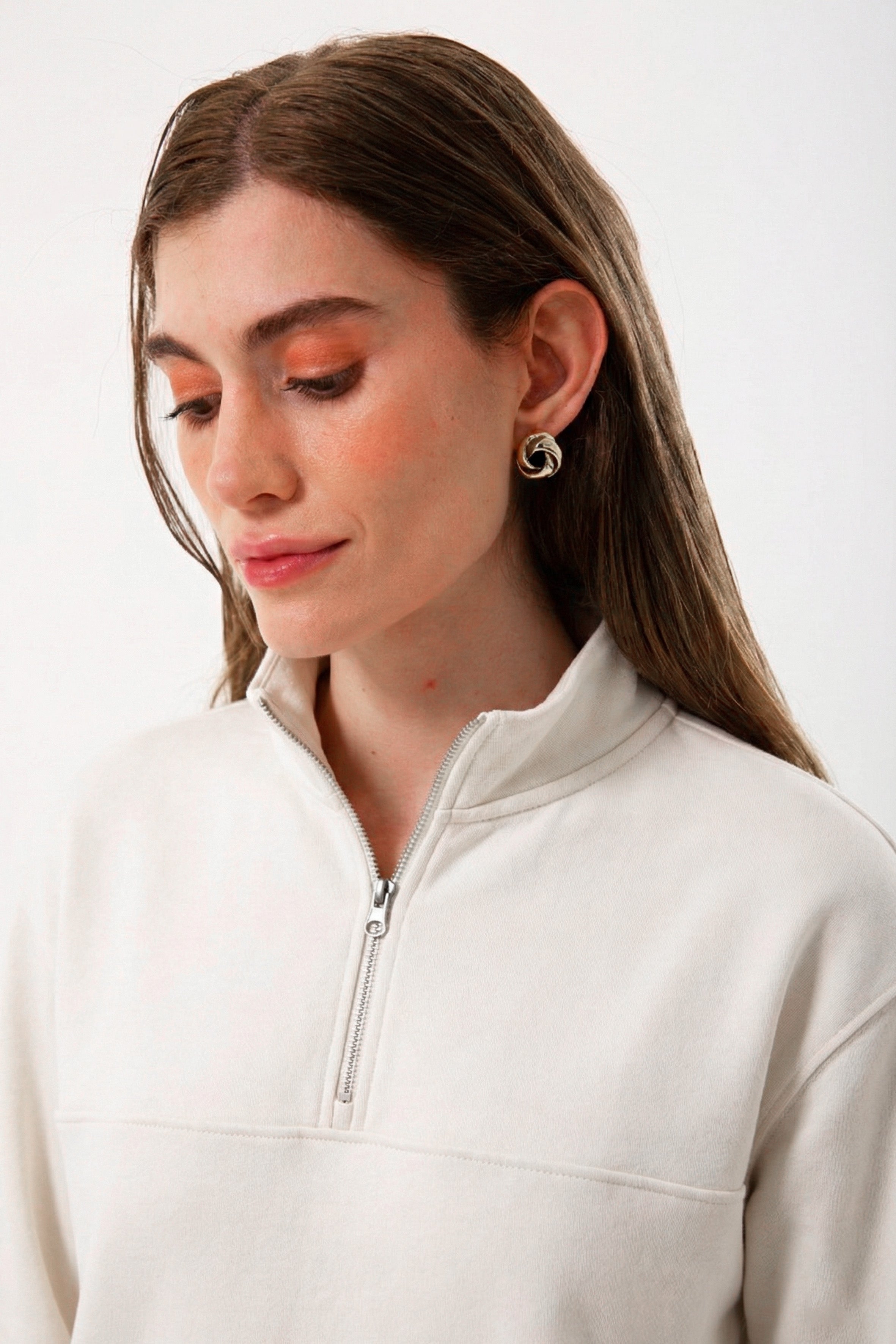 Yarım Fermuarlı Organik Pamuklu Taş Rengi Kadın Sweatshirt