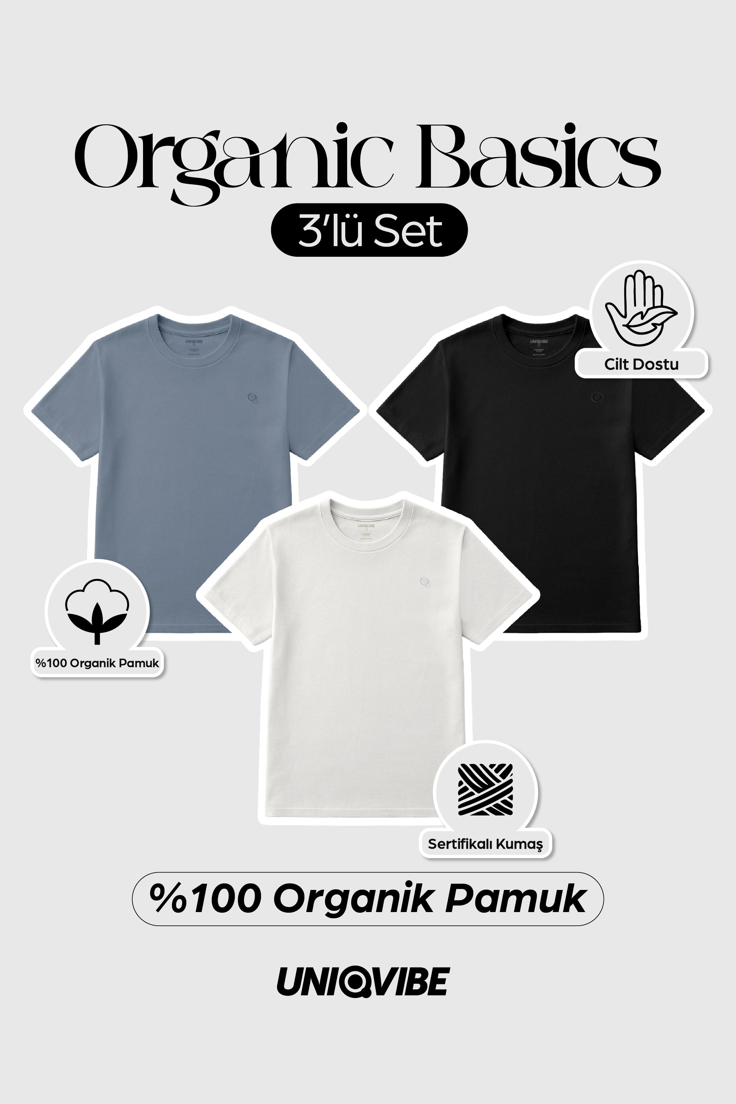 Basic 3'lü Tişört Set; Siyah, Beyaz, Kurşuni