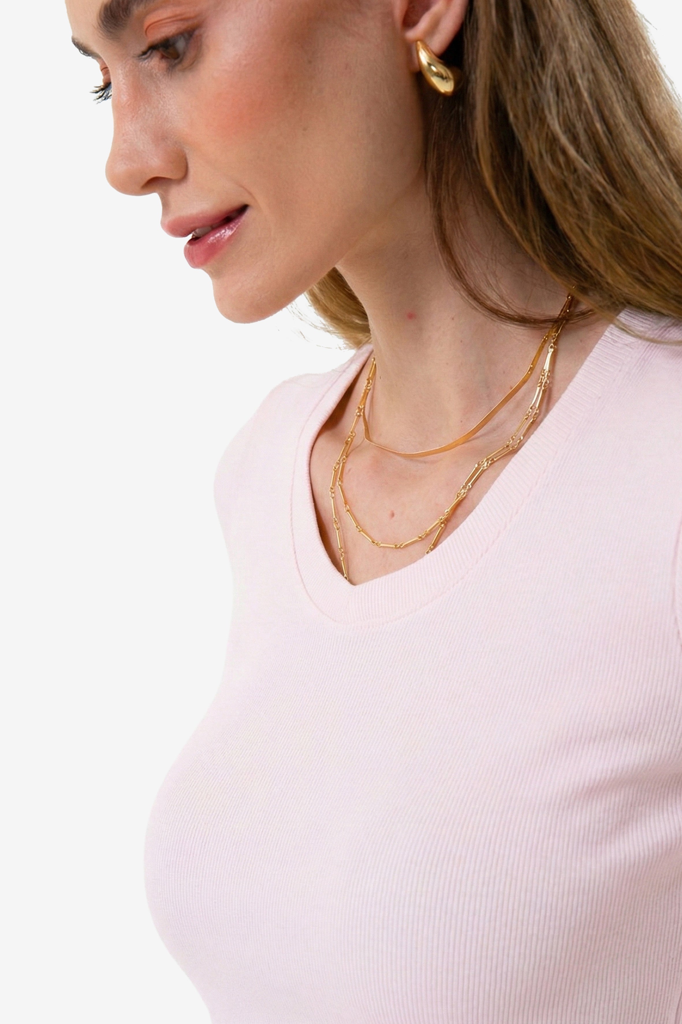 Organik Pamuklu Pembe Fitilli Kadın Uzun Kollu V Yaka Bluz