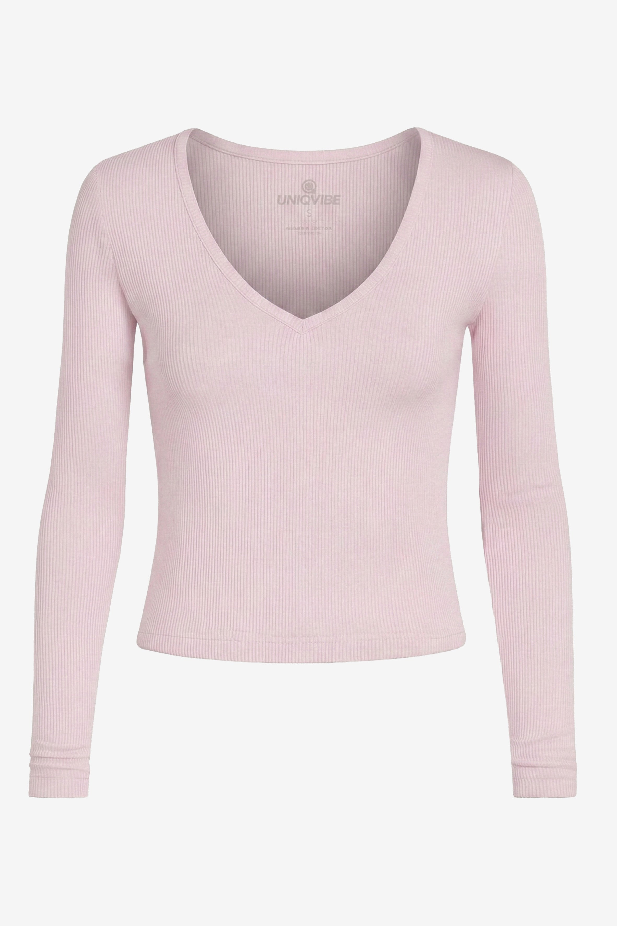 Organik Pamuklu Pembe Fitilli Kadın Uzun Kollu V Yaka Bluz