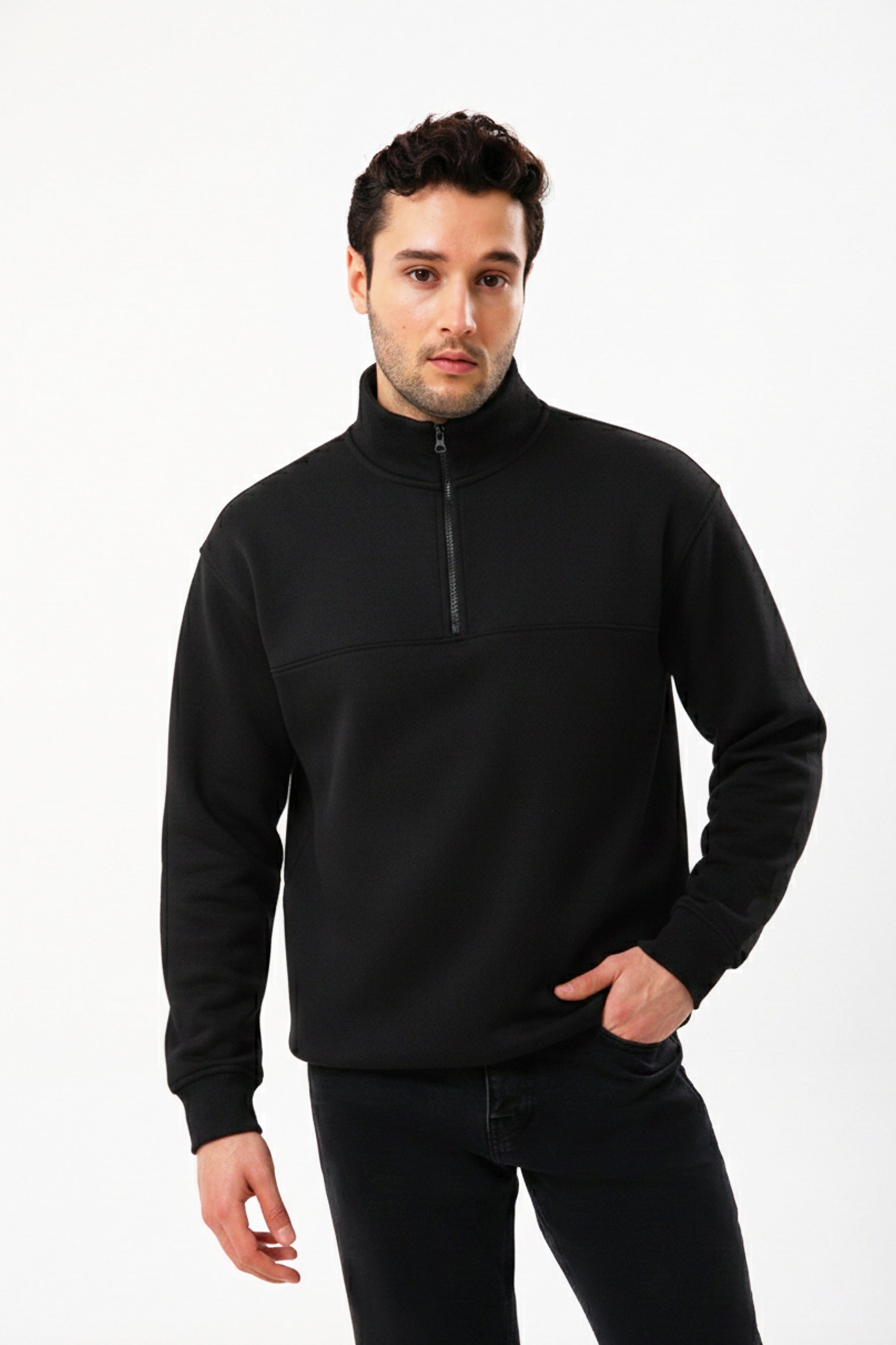 Yarım Fermuarlı Organik Pamuklu Siyah Erkek Sweatshirt