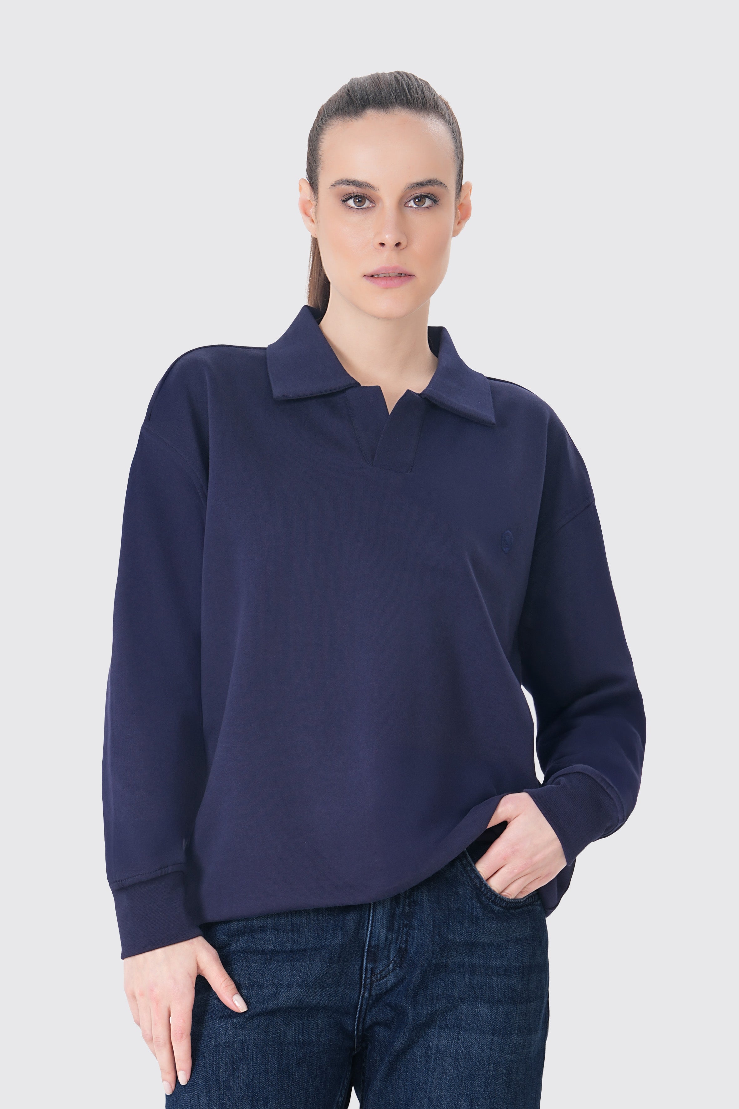 Lacivert pamuklu kadın polo yaka sweatshirt #Renk_Lacivert