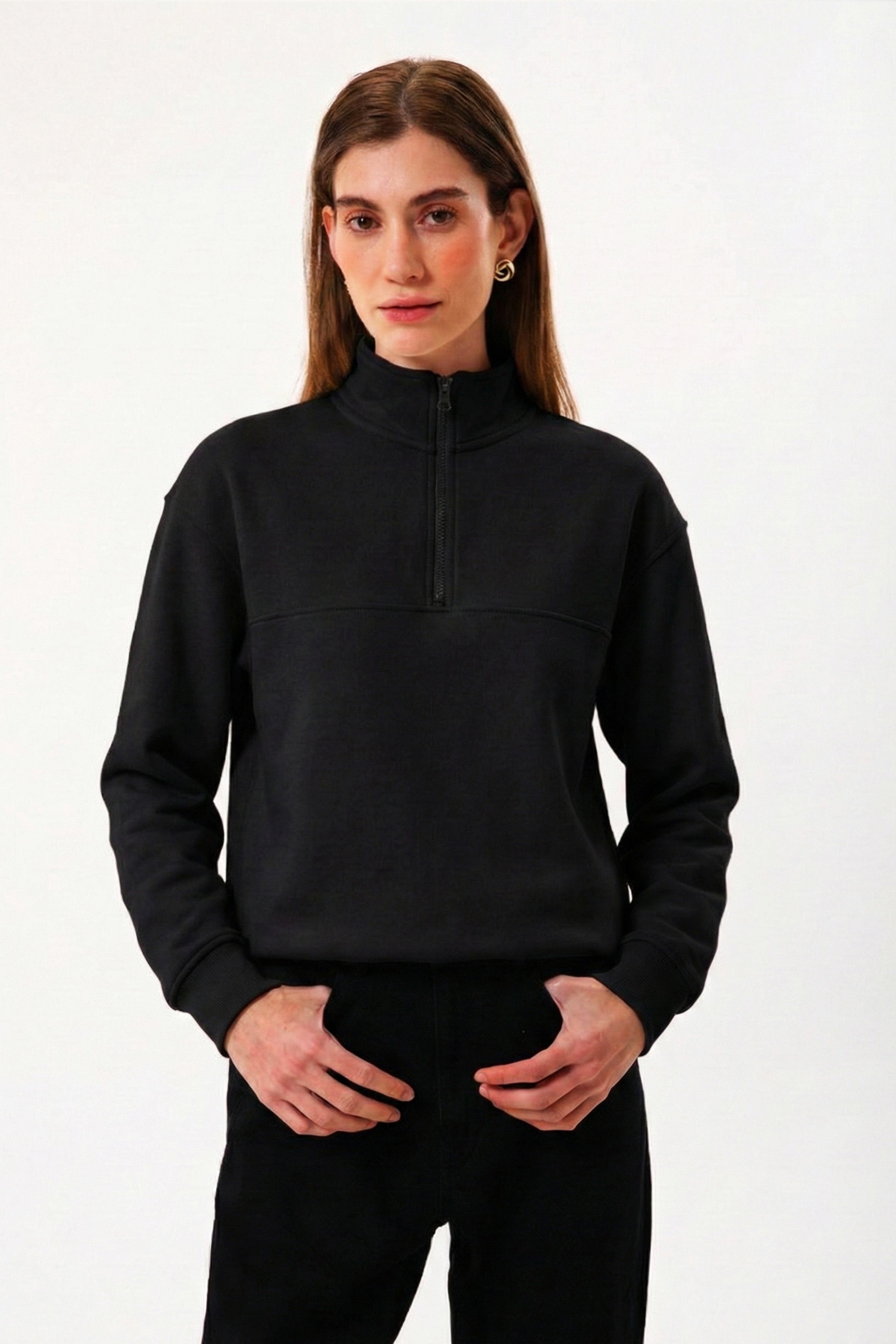 Yarım Fermuarlı Organik Pamuklu Siyah Kadın Sweatshirt
