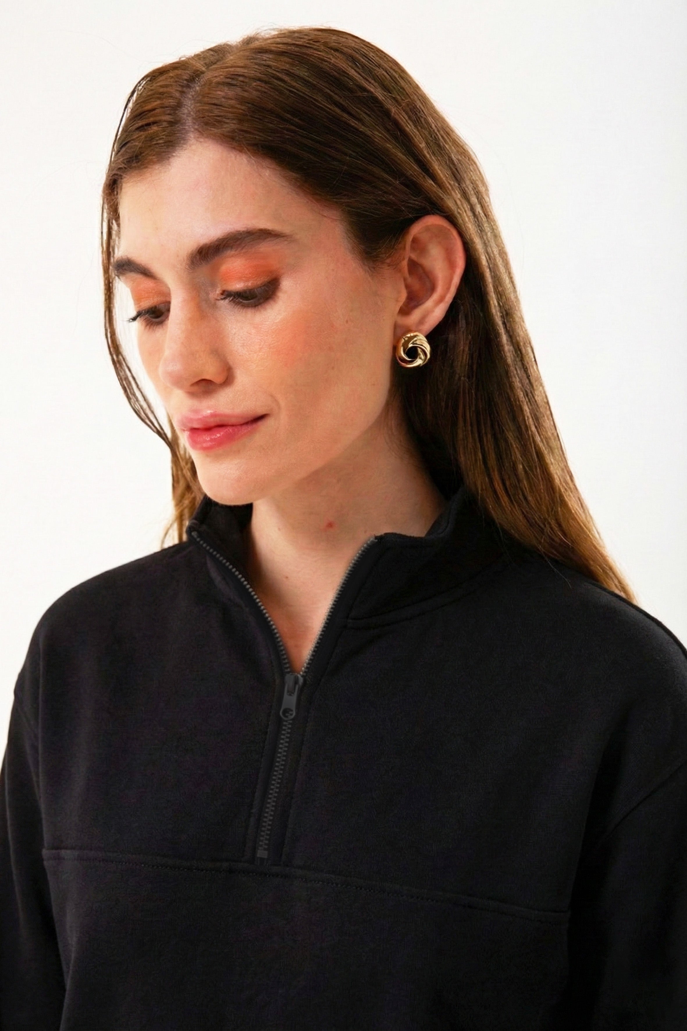 Yarım Fermuarlı Organik Pamuklu Siyah Kadın Sweatshirt
