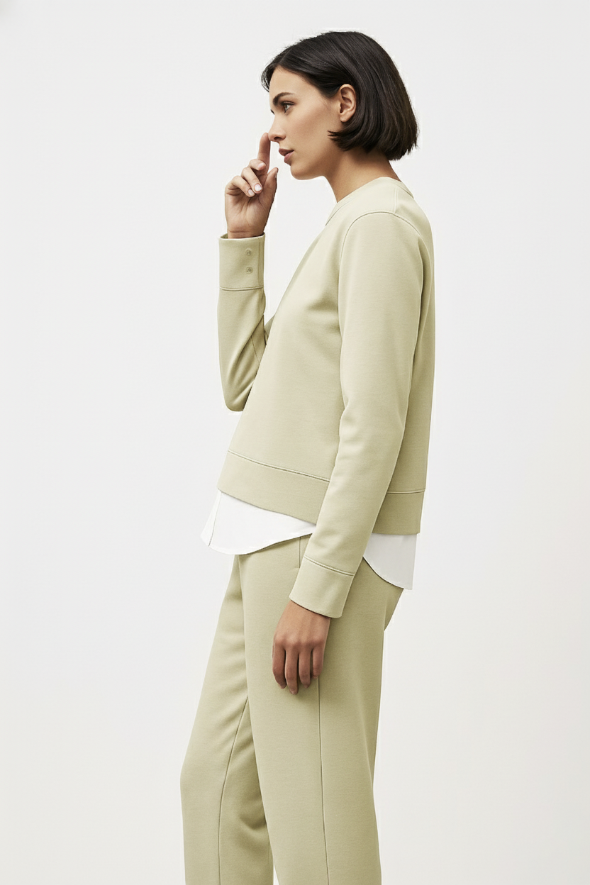 Organik Pamuklu Garnili Kadın Bej Uzun Kollu Sweatshirt