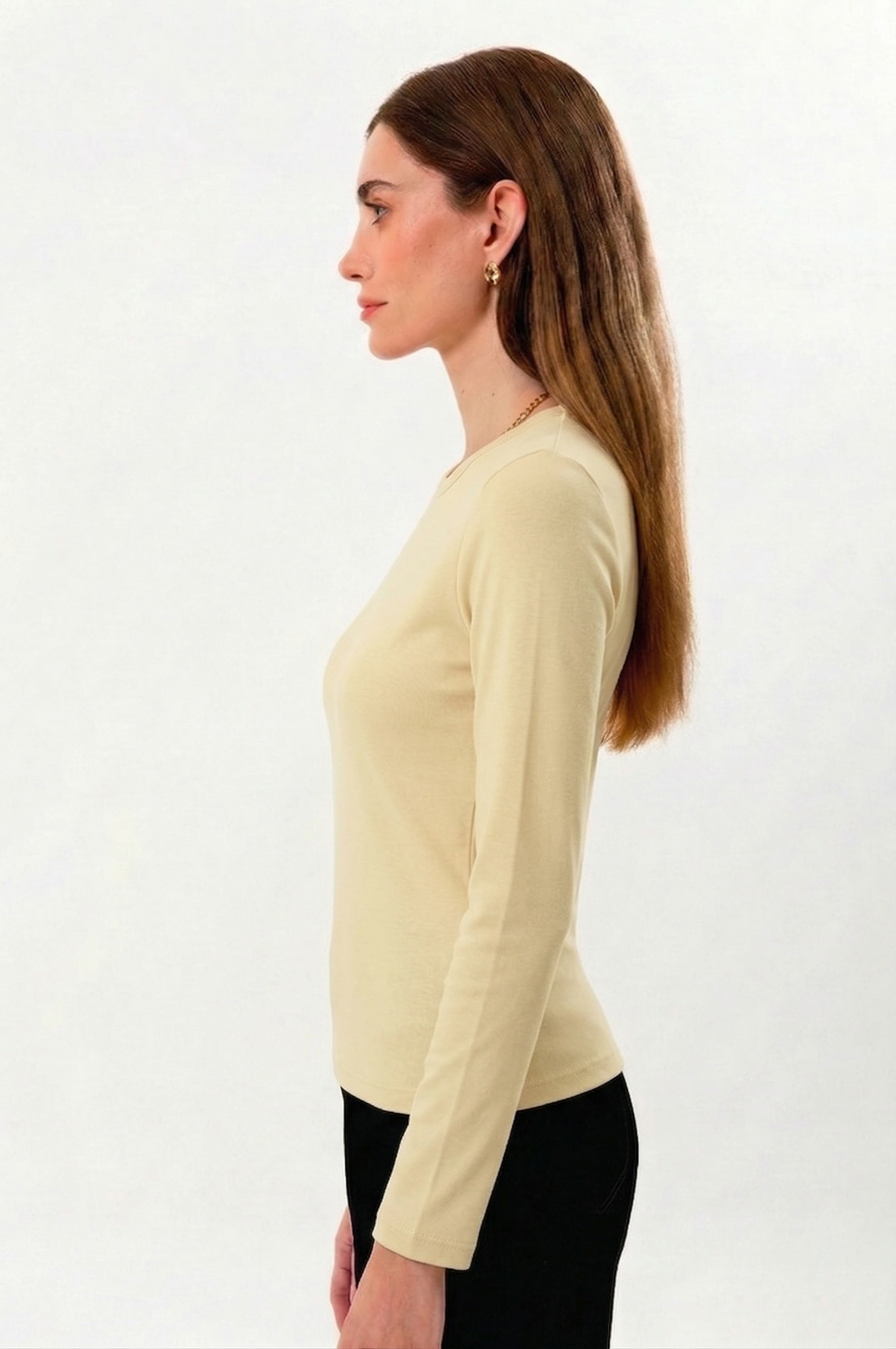 %100 Organik Pamuk Sarı Bisiklet Yaka Uzun Kollu Bluz