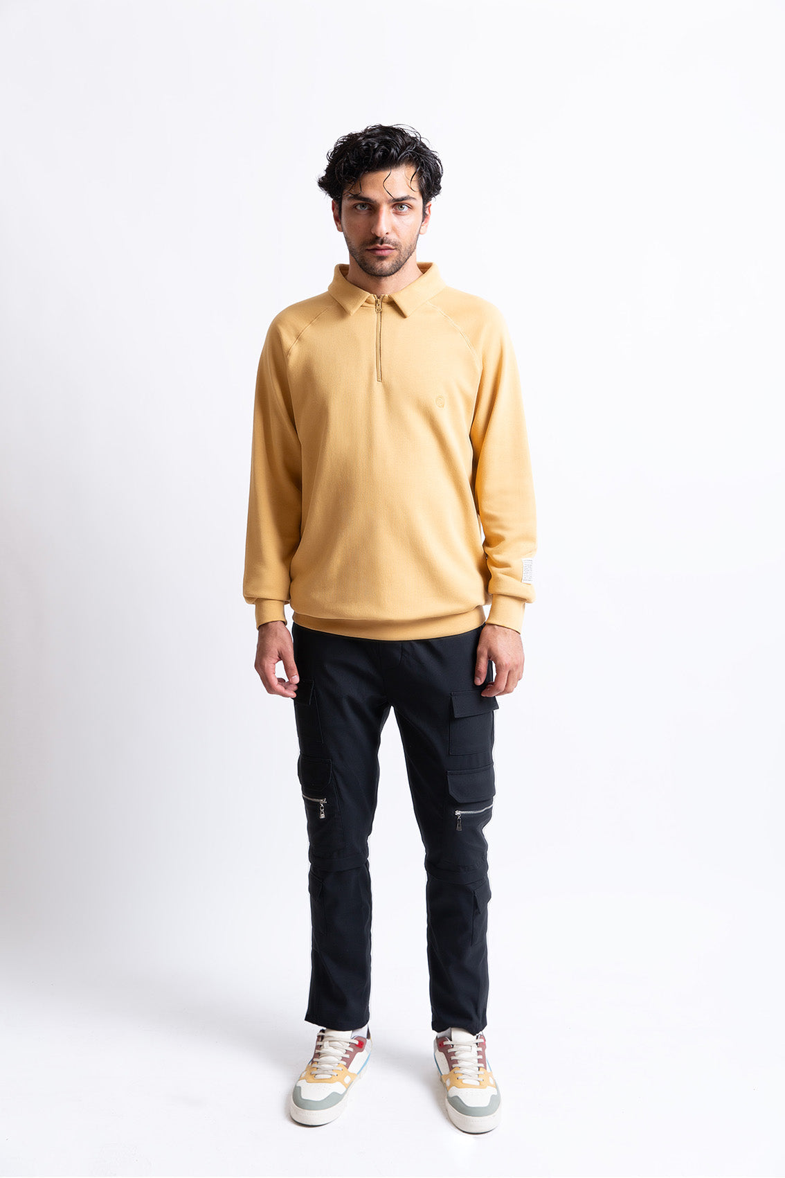 Hardal pamuklu erkek polo yaka fermuarlı sweatshirt #Renk_Hardal