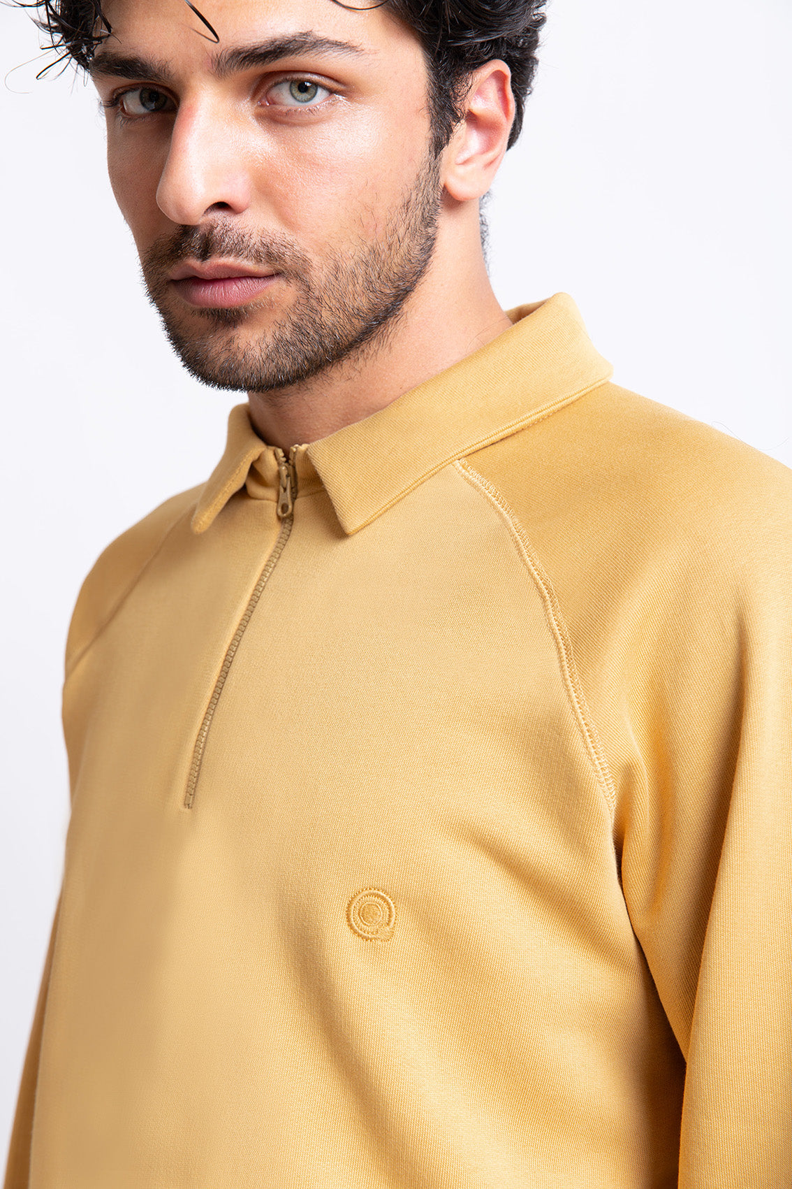 Hardal pamuklu erkek polo yaka fermuarlı sweatshirt #Renk_Hardal