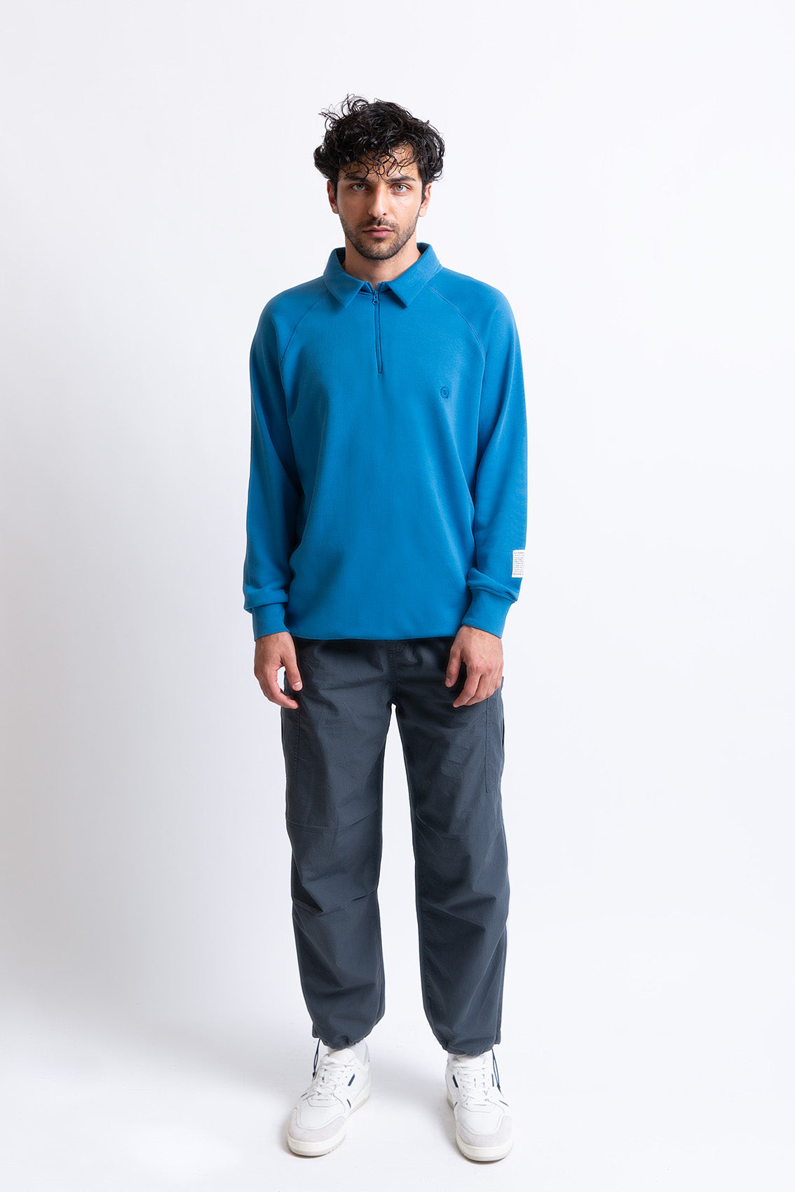 Saks Mavisi pamuklu erkek polo yaka fermuarlı sweatshirt #Renk_Saks Mavisi