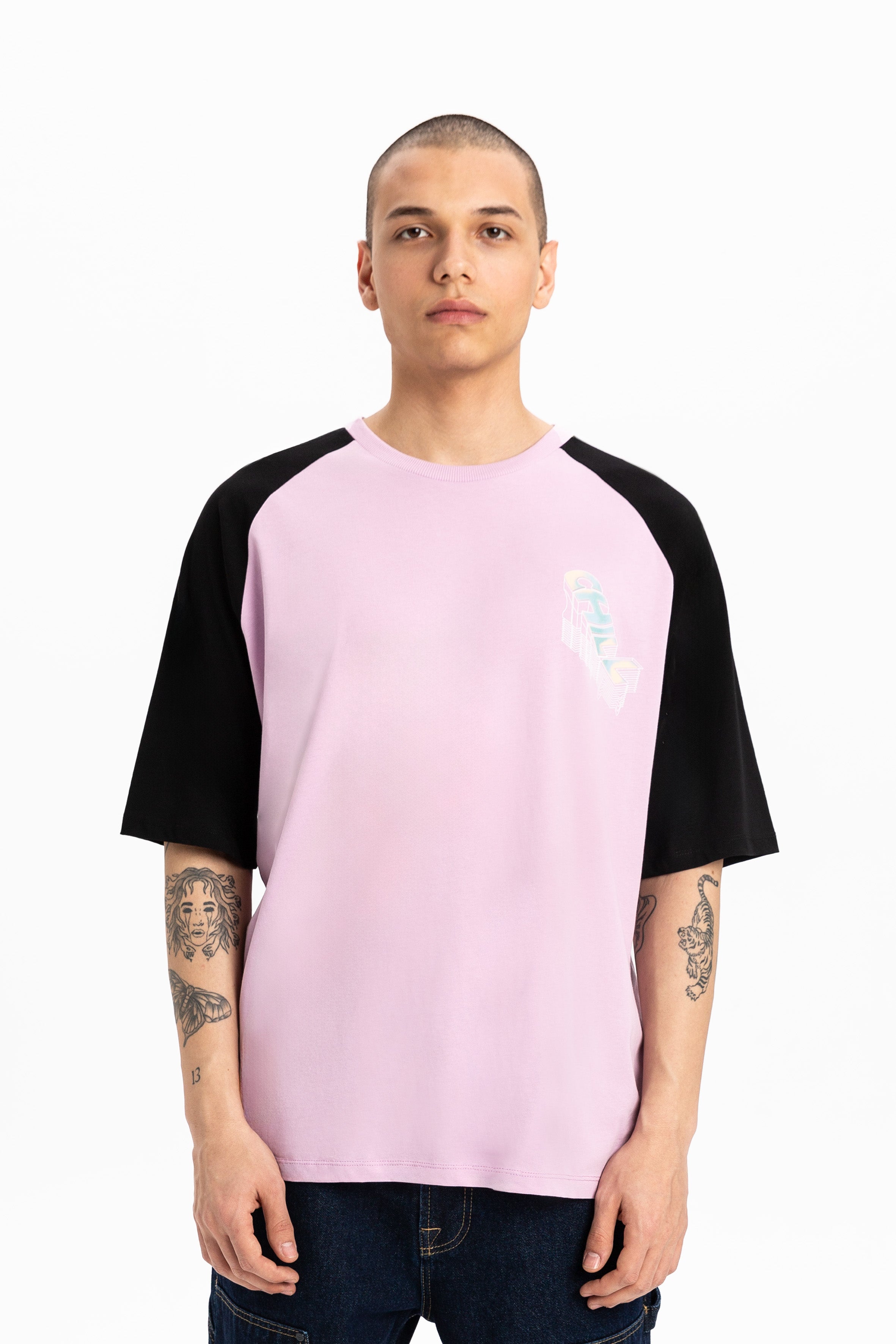 Pembe oversize baskılı pamuklu basic erkek tişört #Renk_Pembe