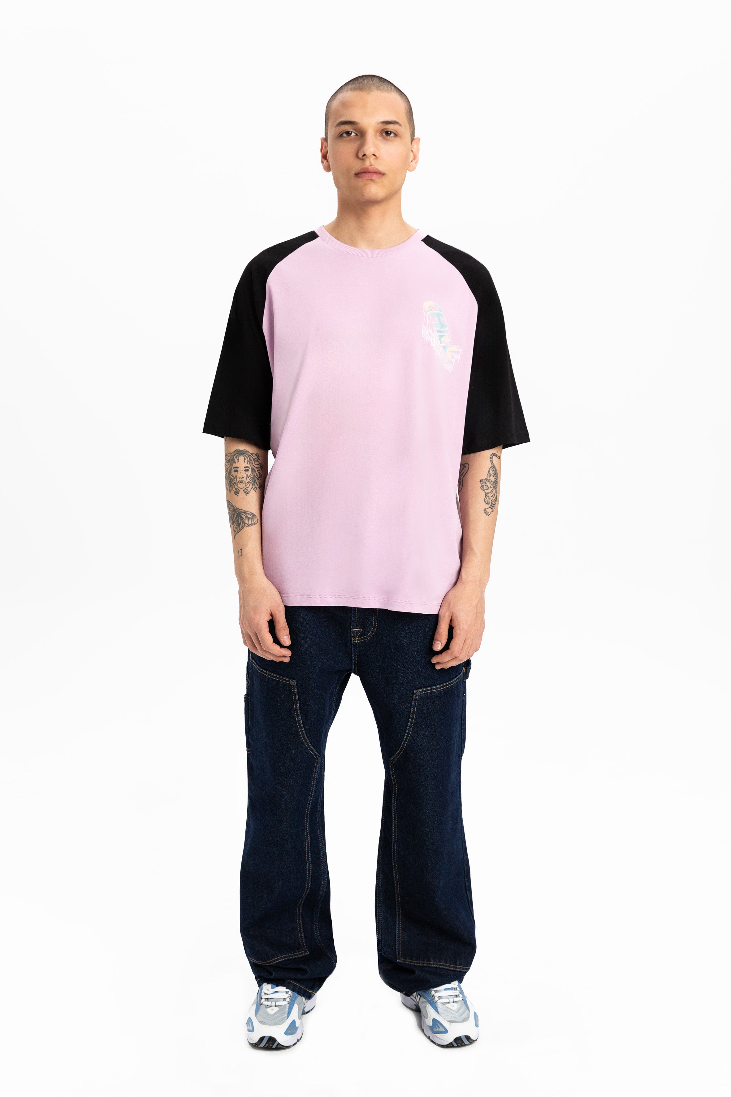 Pembe oversize baskılı pamuklu basic erkek tişört #Renk_Pembe