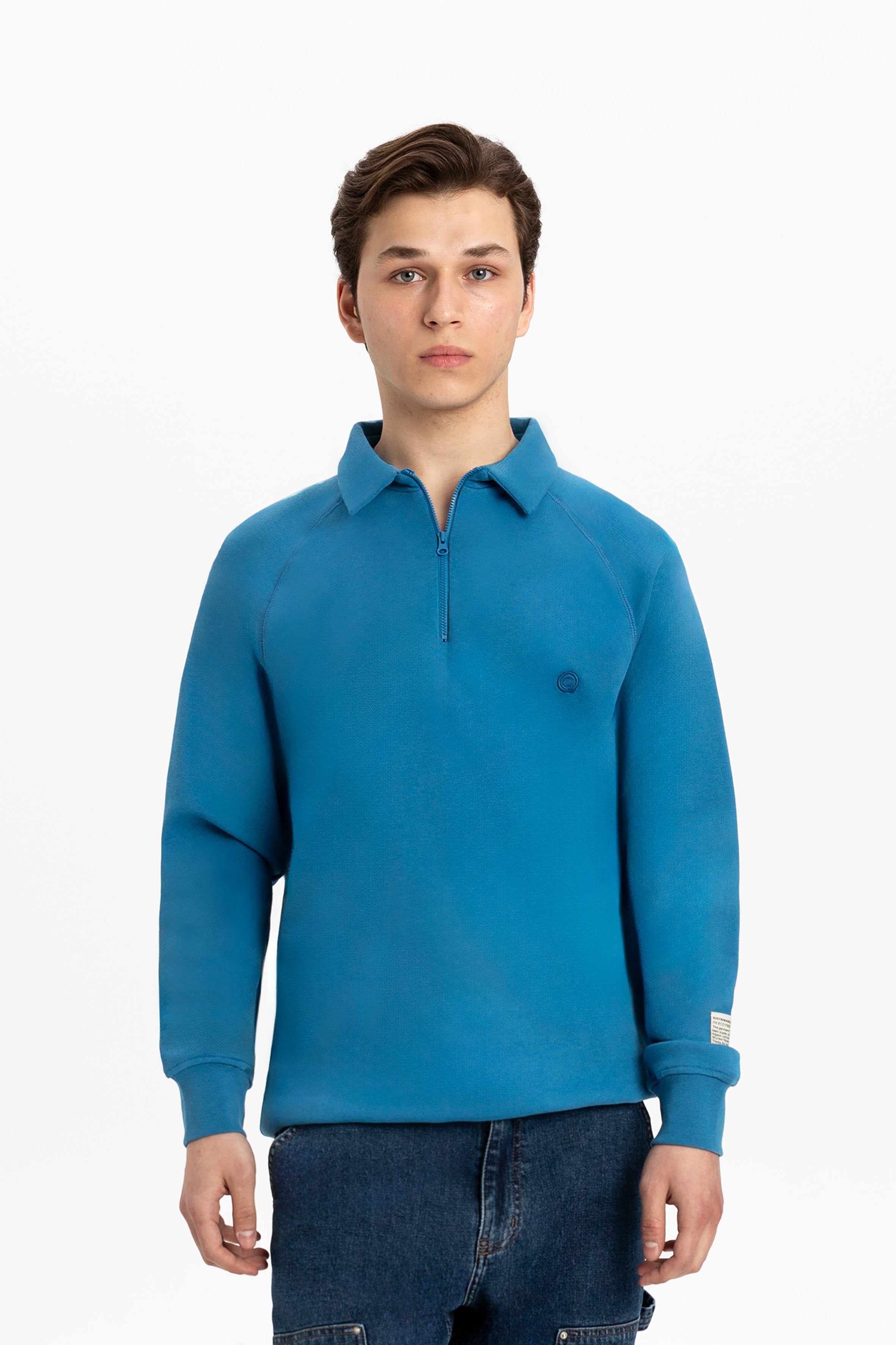 Saks Mavisi pamuklu erkek polo yaka fermuarlı sweatshirt #Renk_Saks Mavisi