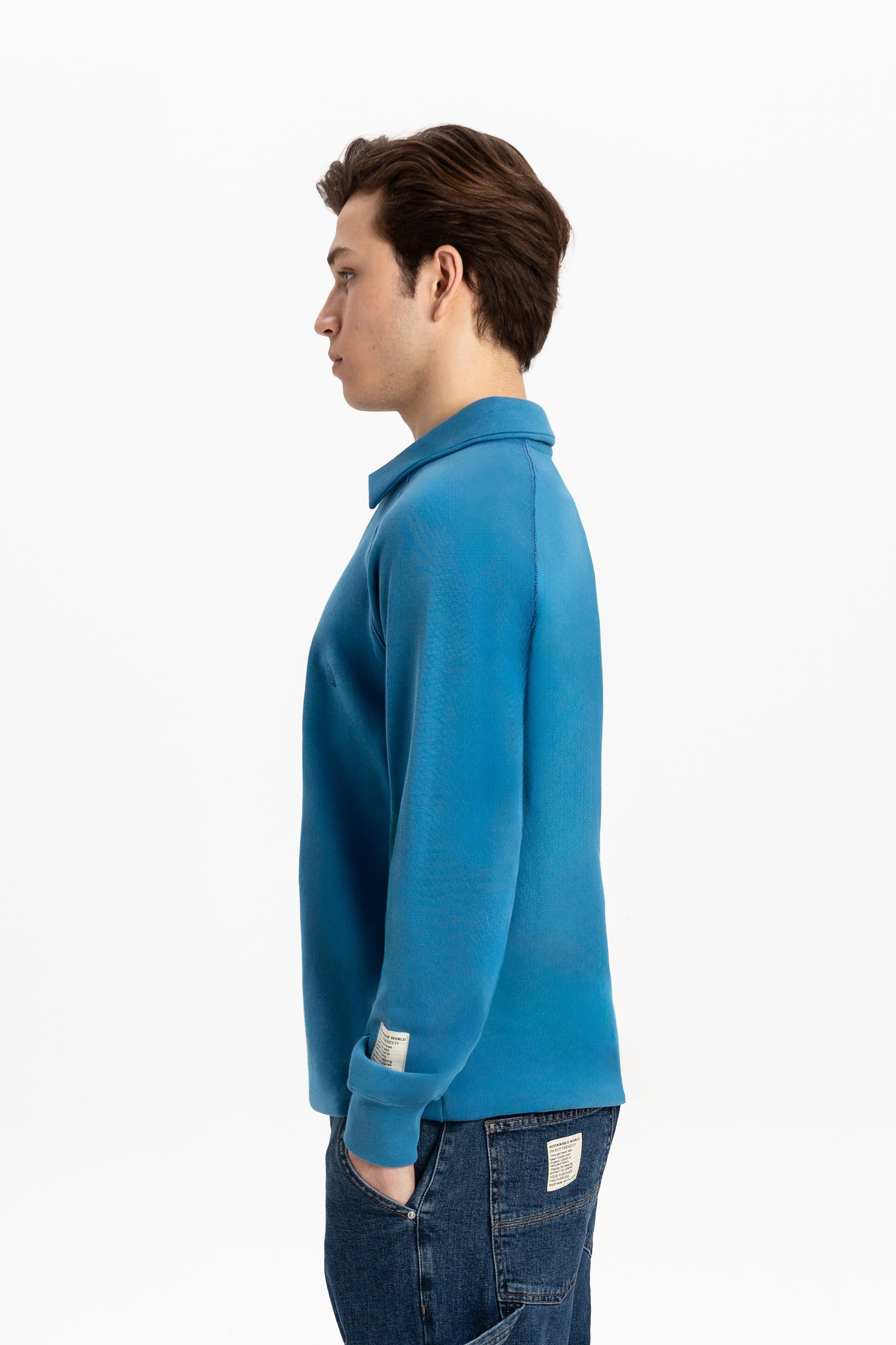 Saks Mavisi pamuklu erkek polo yaka fermuarlı sweatshirt #Renk_Saks Mavisi