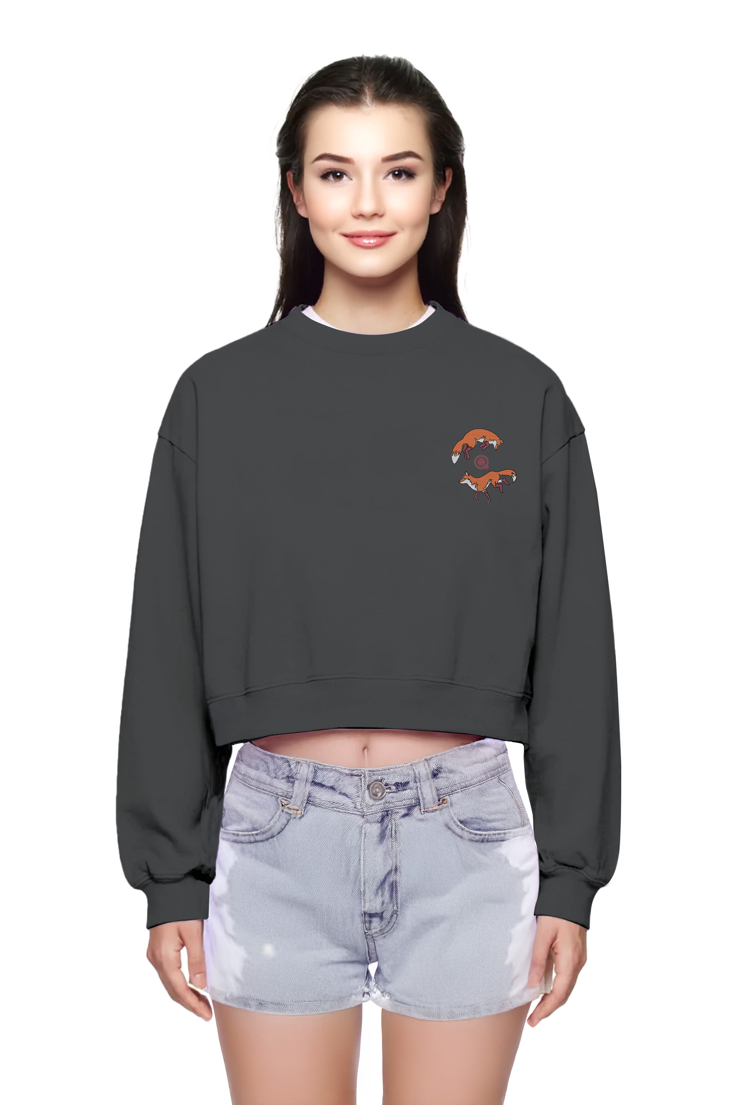 Tilki Nakışlı Organik Pamuklu Crop Sweatshirt