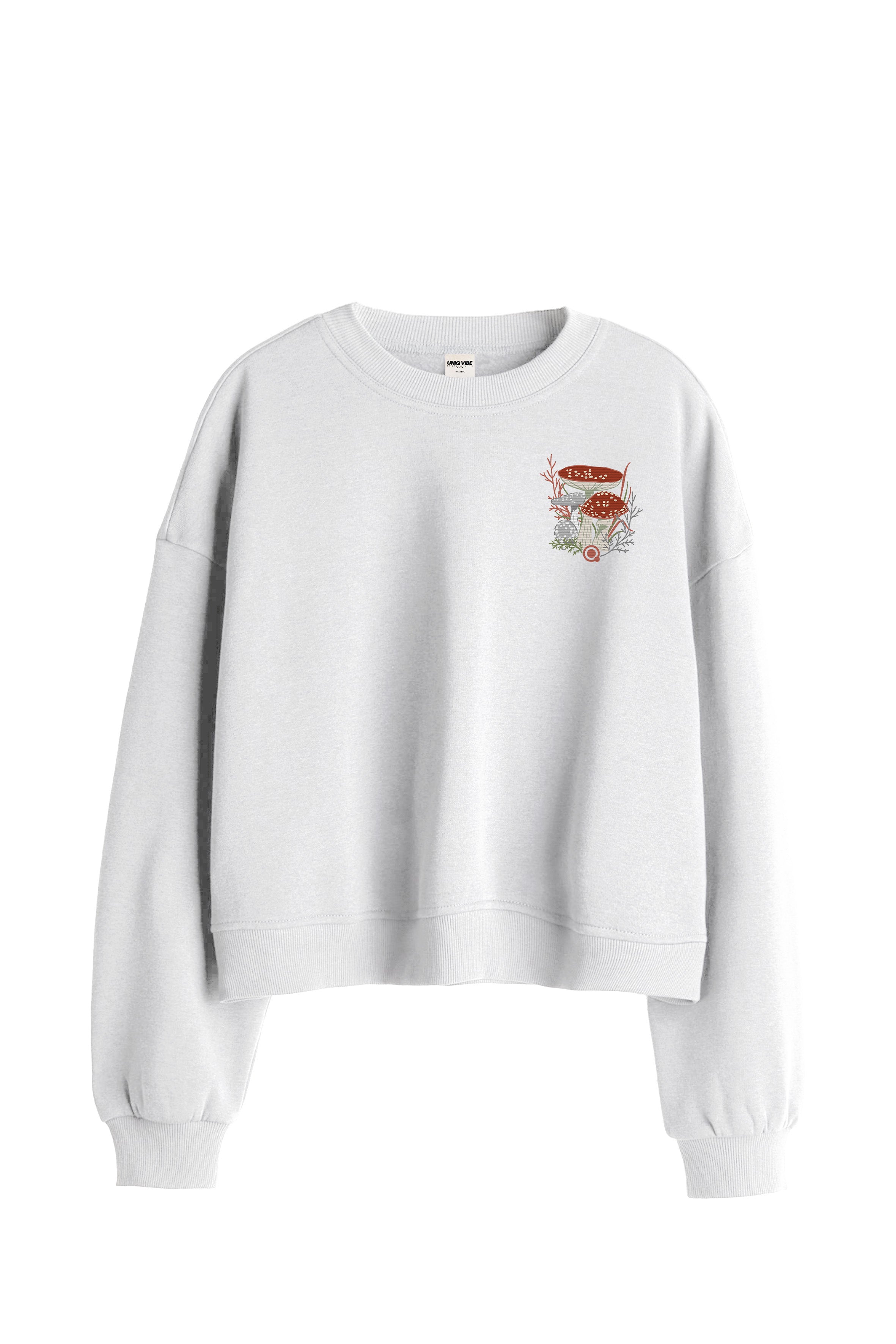 Mantar Nakışlı Organik Pamuklu Crop Sweatshirt