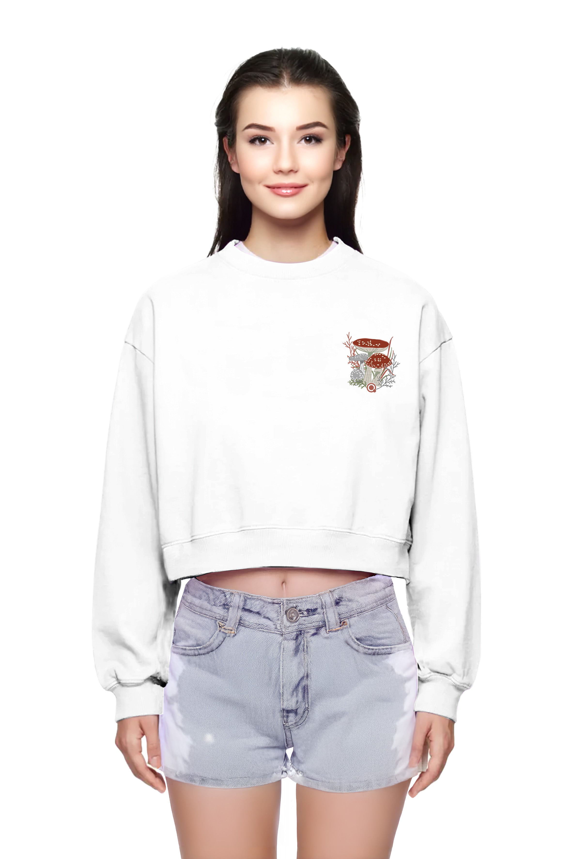 Mantar Nakışlı Organik Pamuklu Crop Sweatshirt