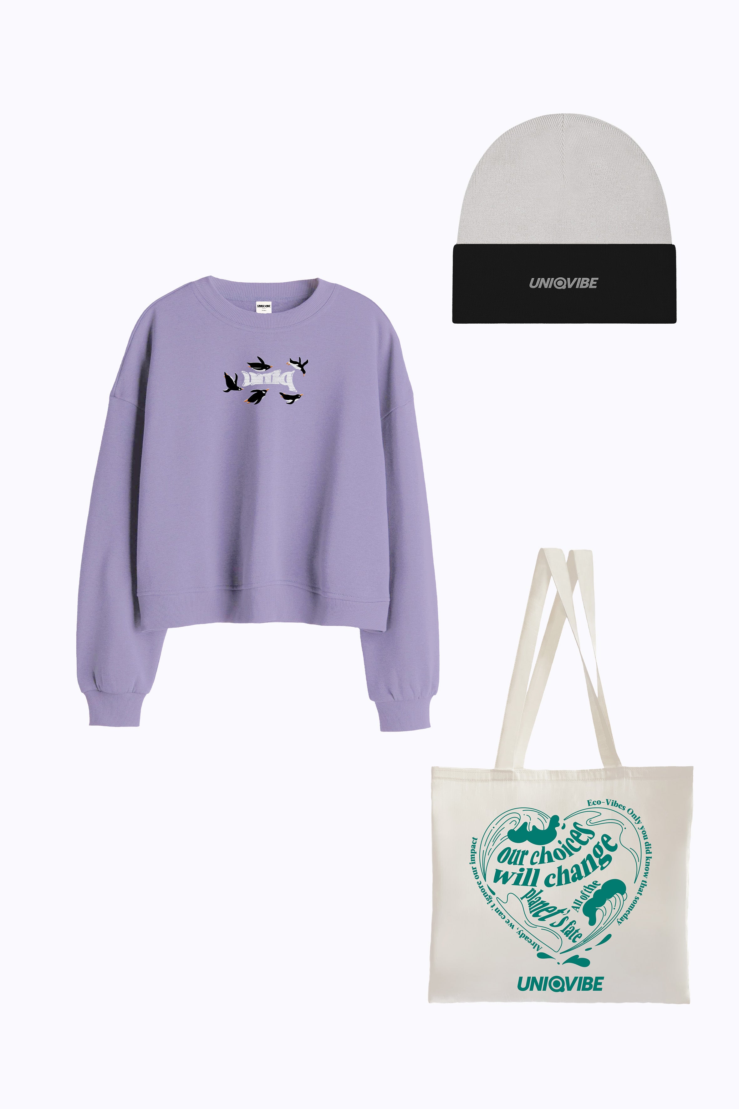 3 Parçalı Mor Crop Sweatshirt & Bere & Çanta Seti