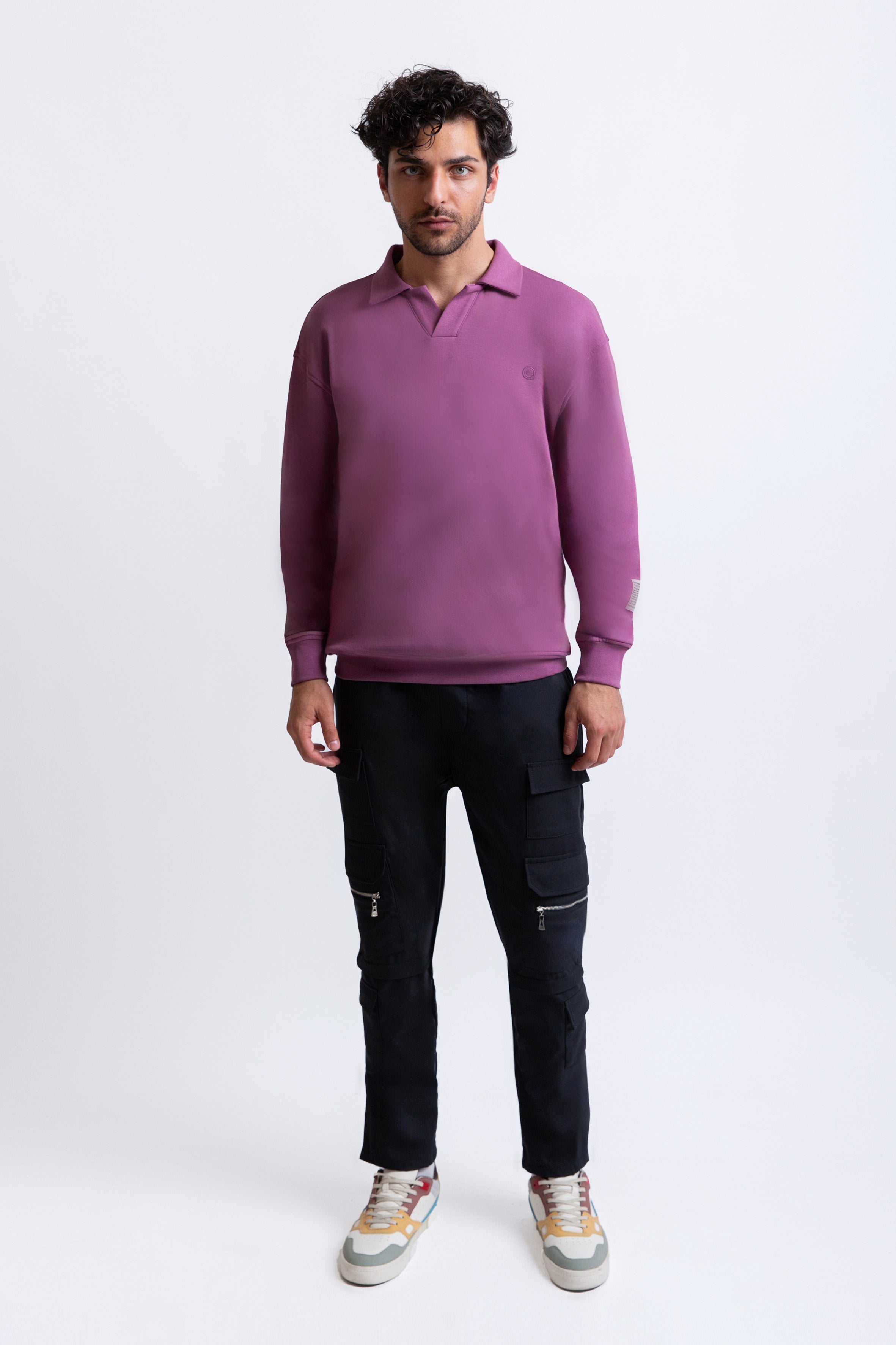 Mor pamuklu erkek polo yaka sweatshirt #Renk_Mor