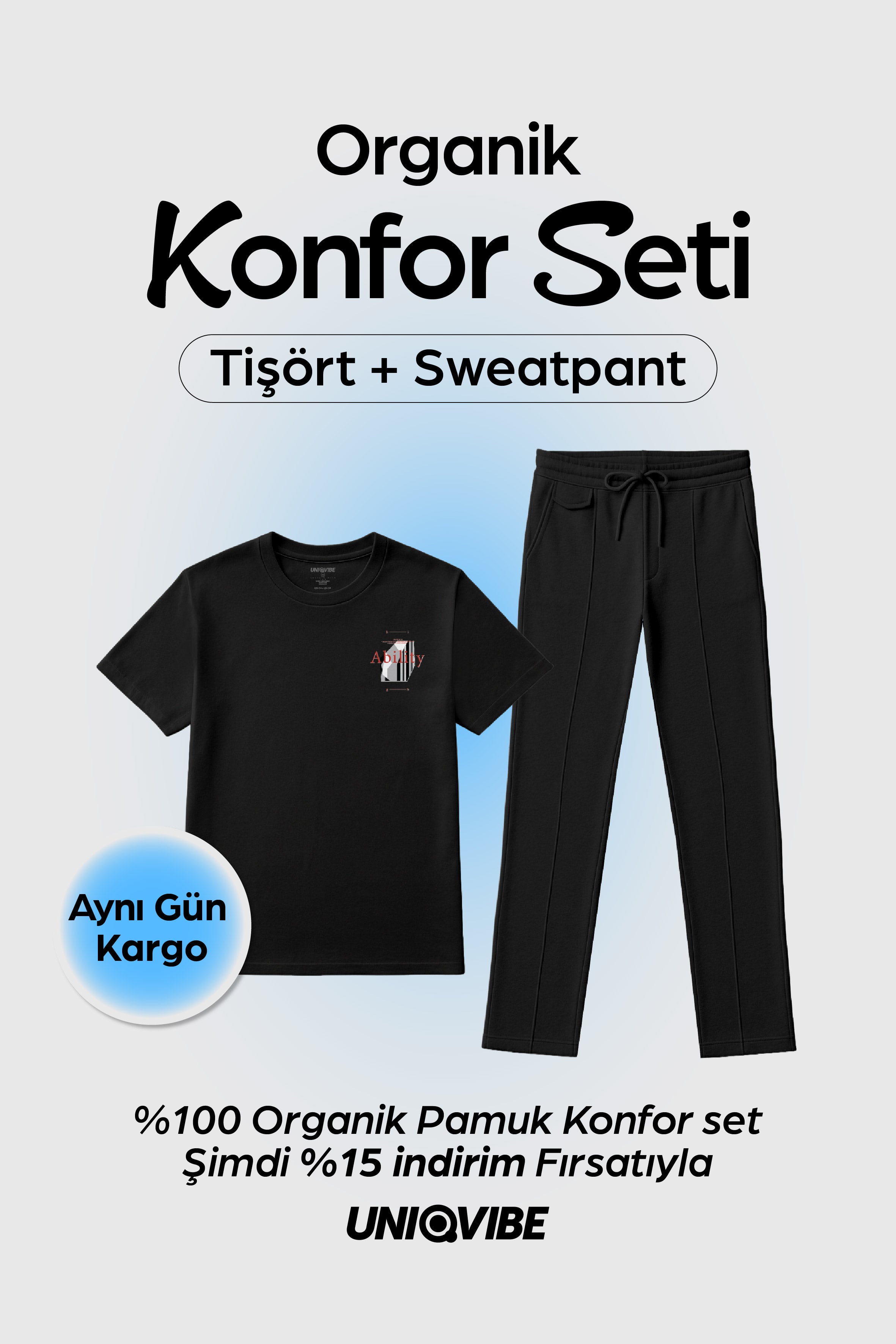 2 Parçalı Siyah Baskılı Tişört ve Sweatpant Set