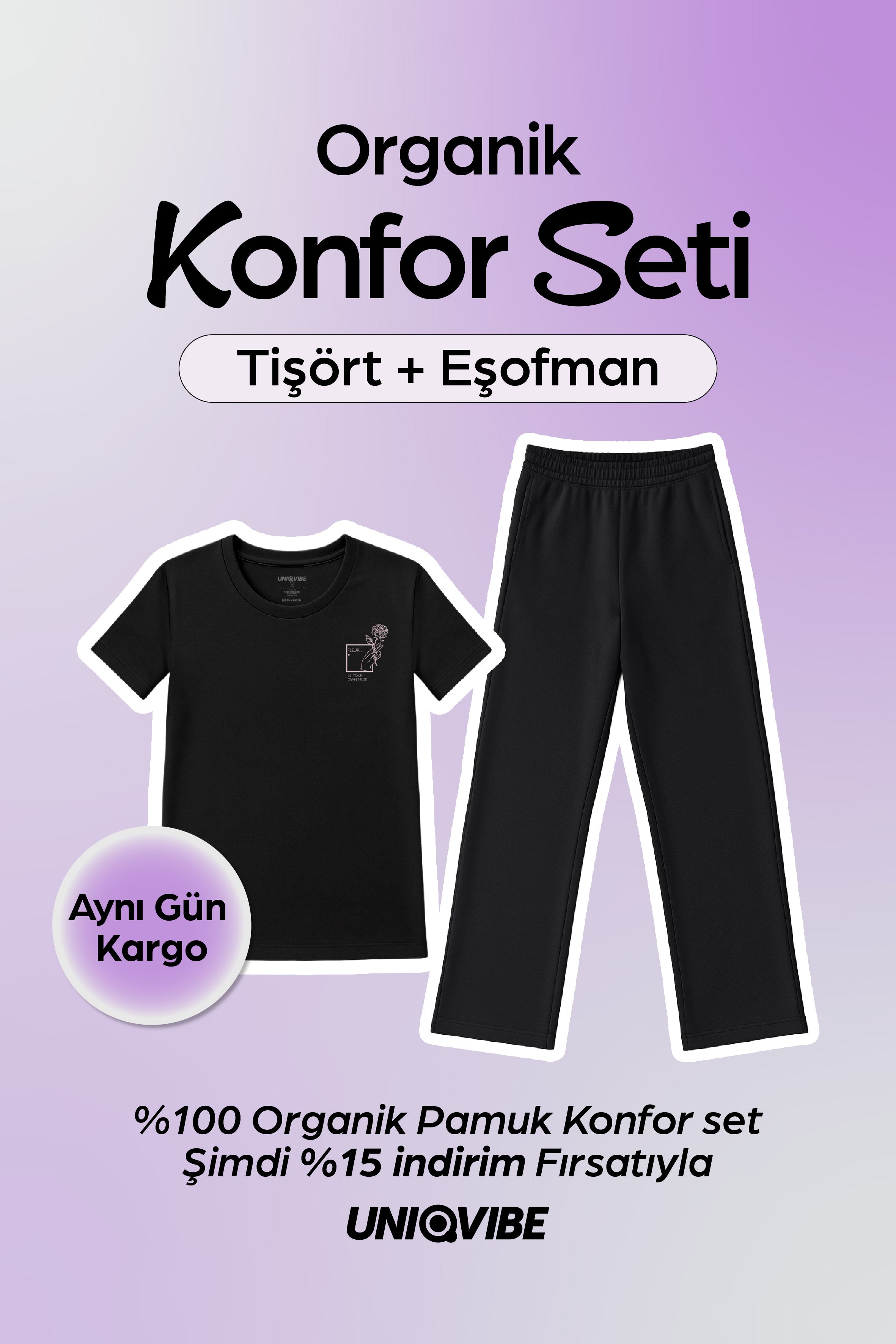 2 Parçalı Siyah Baskılı Tişört ve Eşofman Set