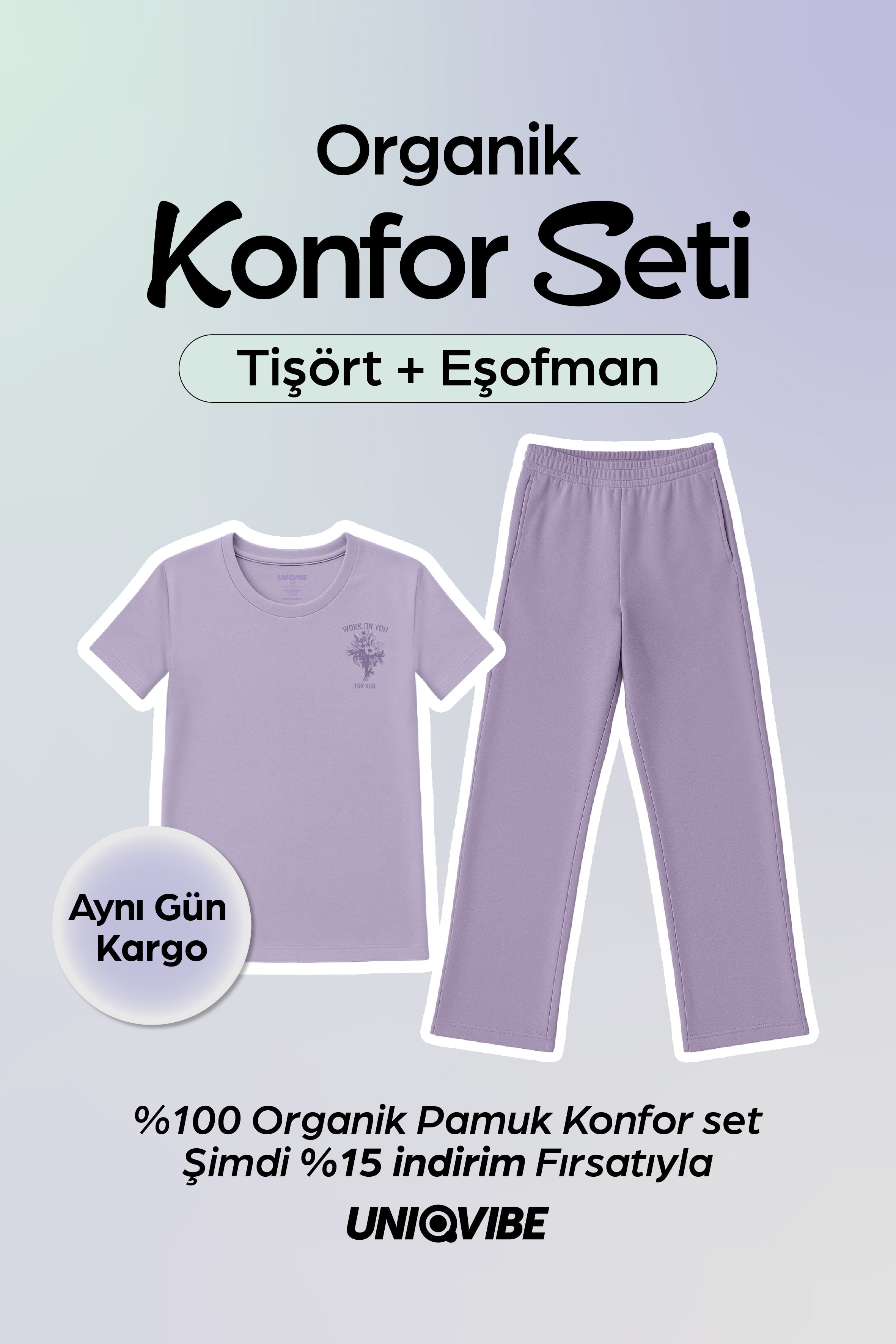 2 Parçalı Lila Baskılı Tişört ve Eşofman Set