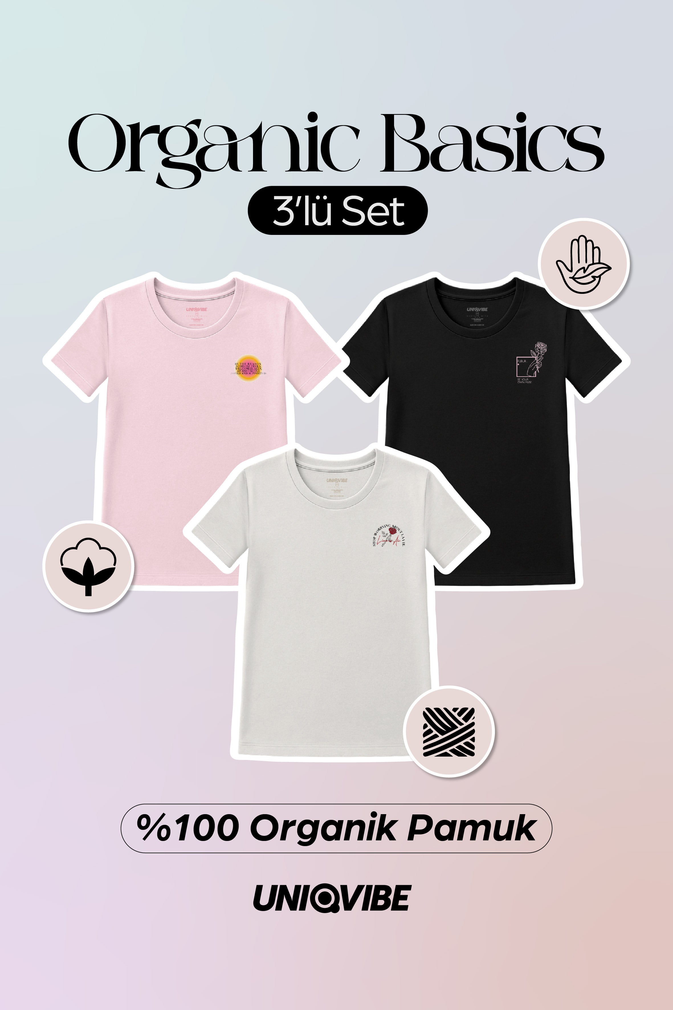 Kadın Baskılı 3'lü Tişört Set; Siyah, Beyaz, Pembe
