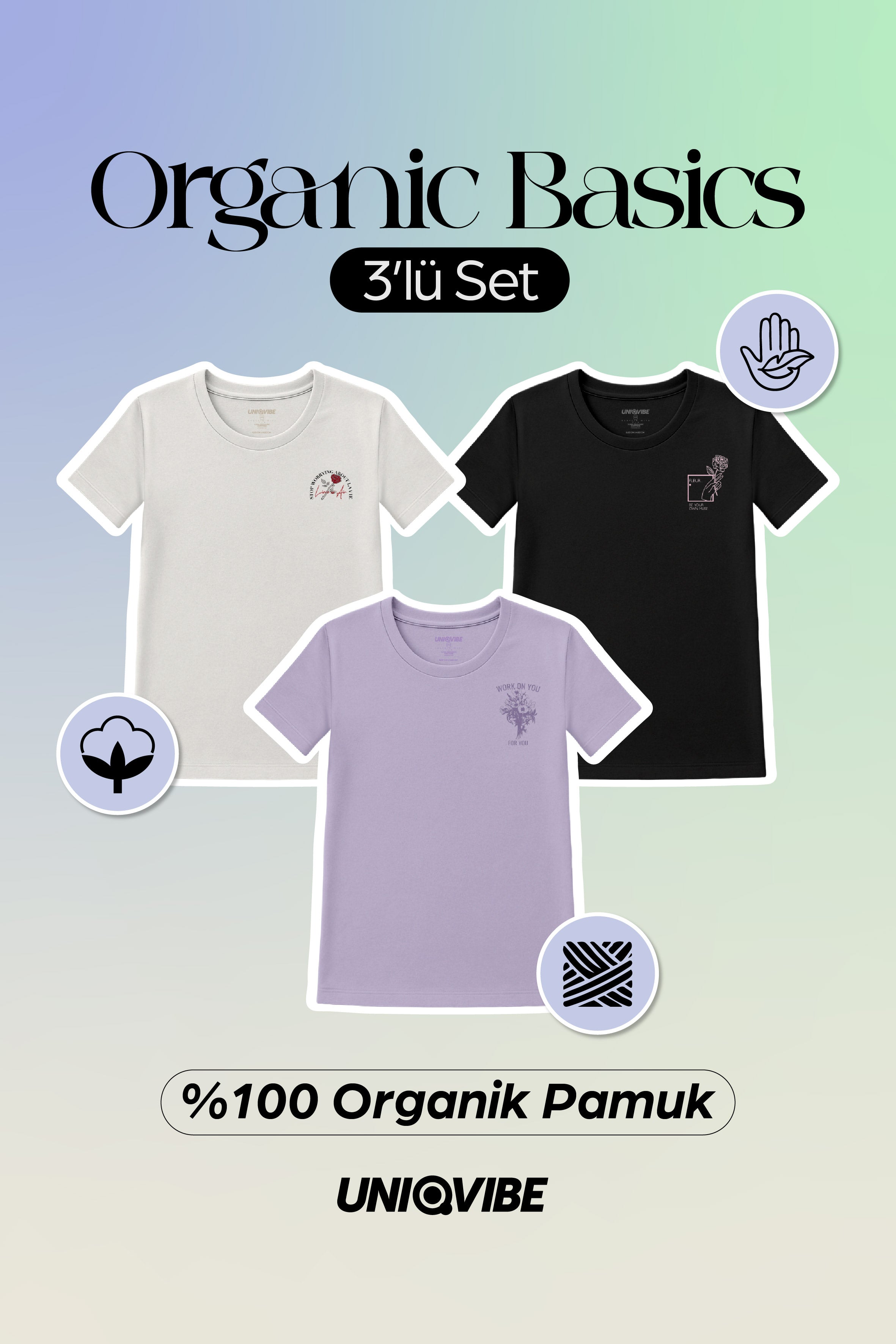 Kadın Baskılı 3'lü Tişört Set; Siyah, Beyaz, Lila