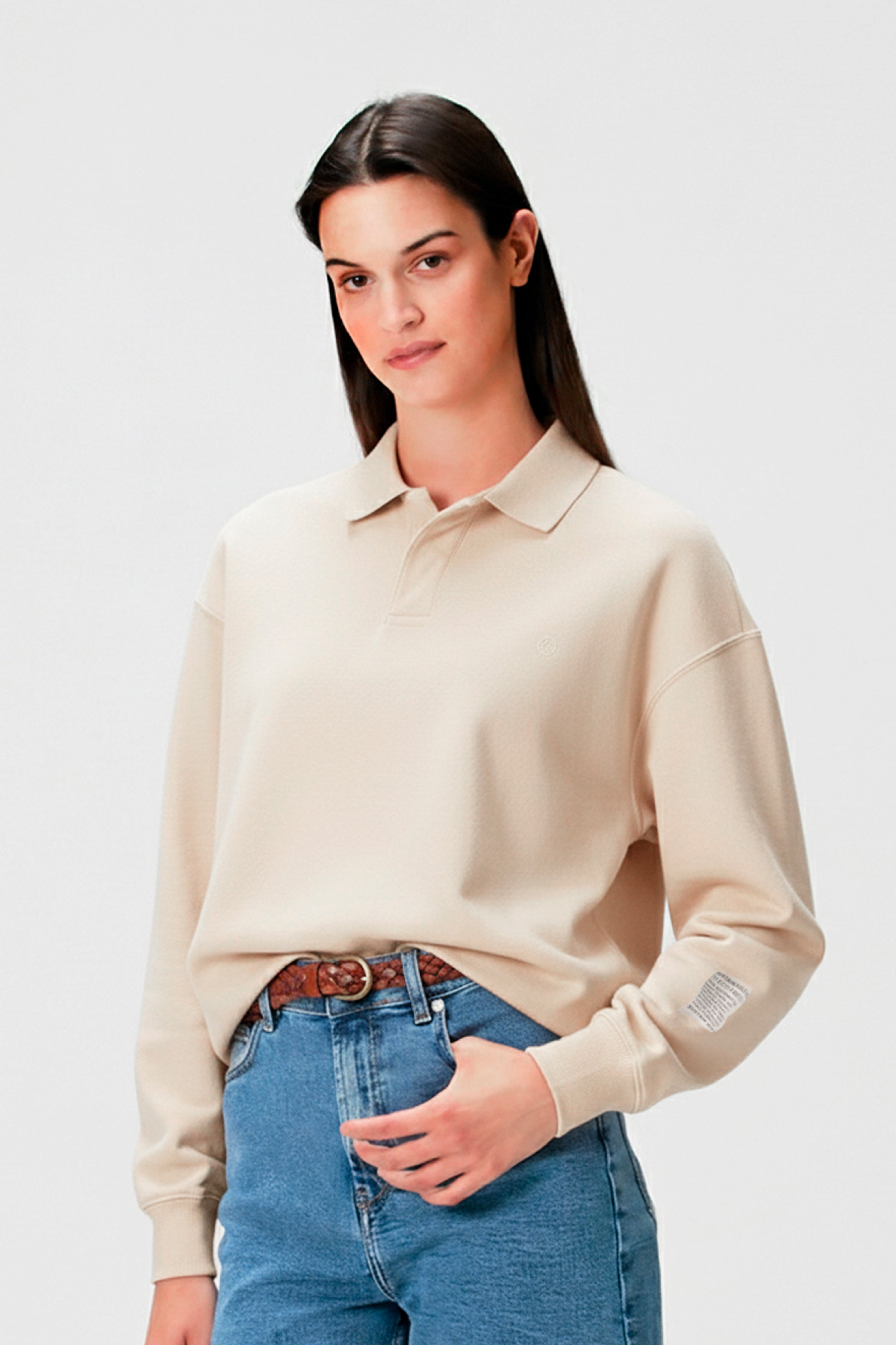 %100 organik pamuk kadın krem renk polo yaka sweatshirt #Renk_Krem