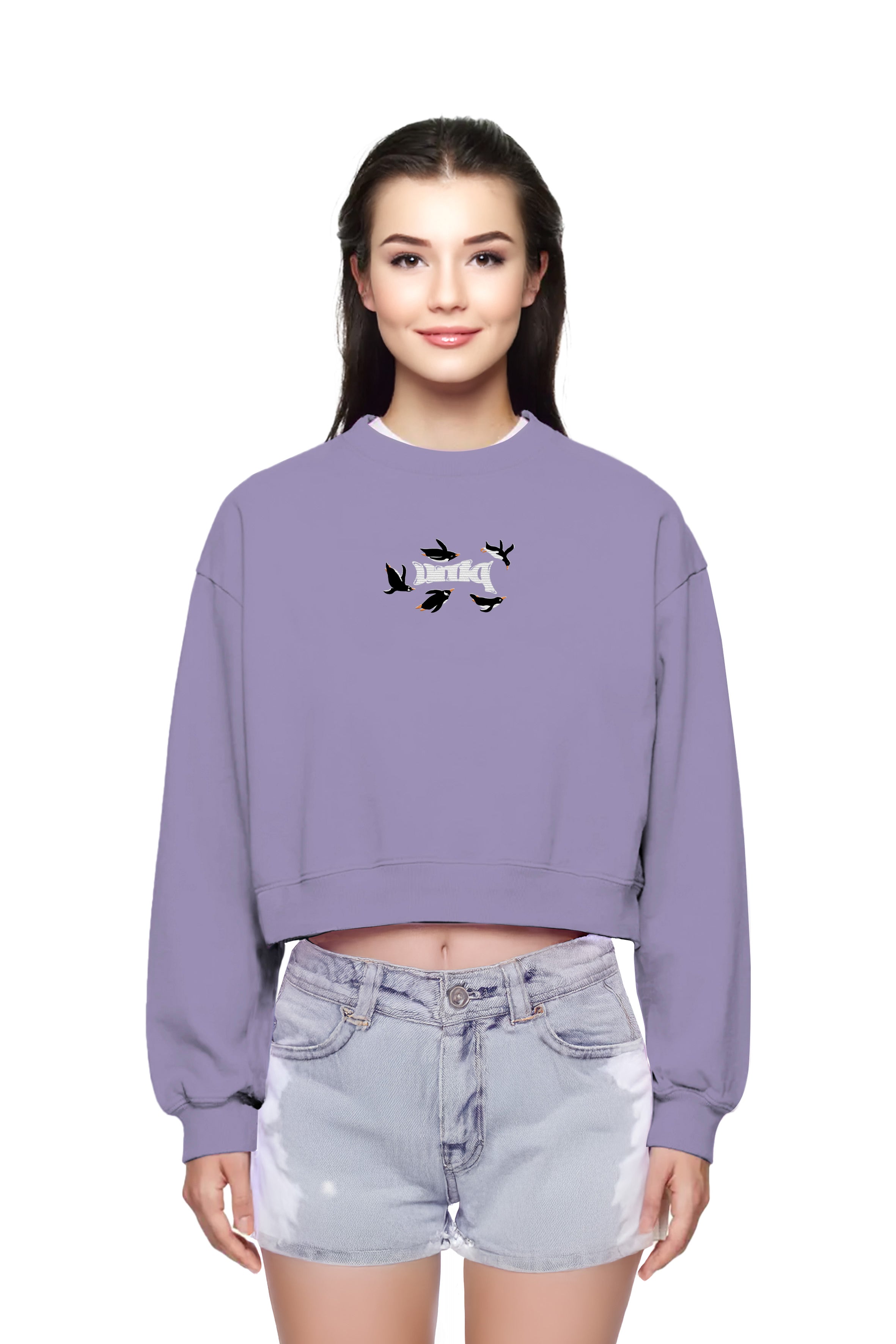 Penguen Nakışlı Organik Pamuklu Crop Sweatshirt