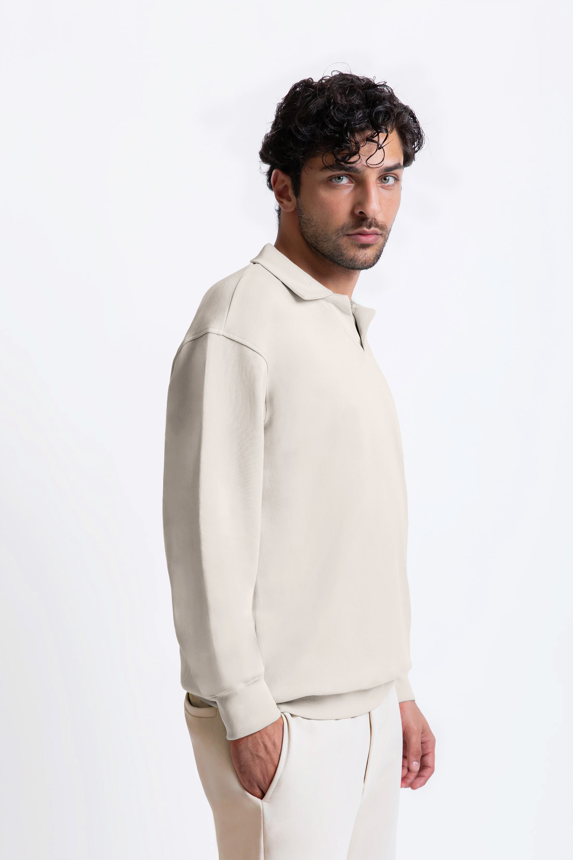 Krem pamuklu erkek polo yaka sweatshirt #Renk_Krem